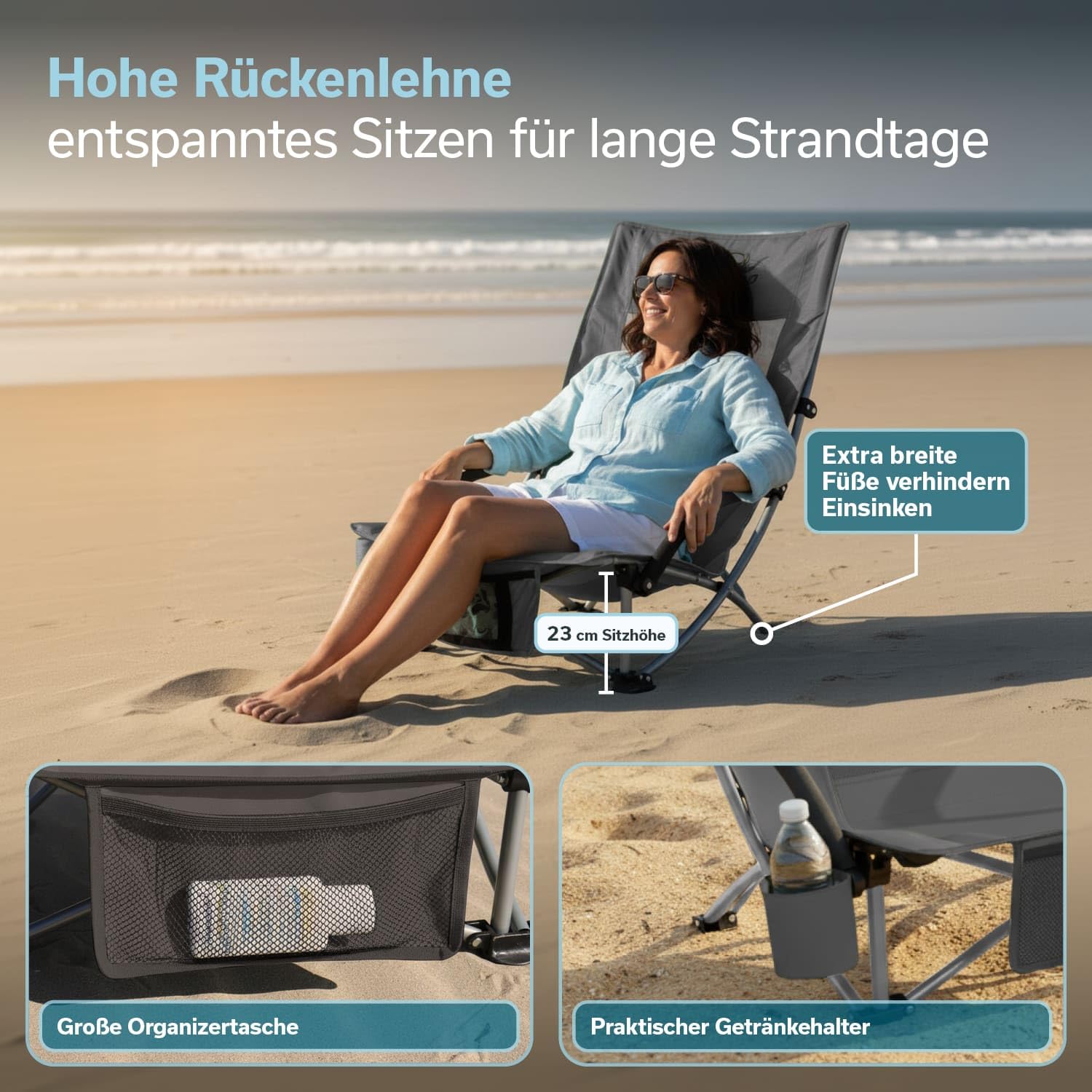 skandika Beach - Silla Plegable de Playa - Malla Transpirable, portavasos, fácil de Transportar y de Plegar - Peso máx. del Usuario 136 kg (Gris)