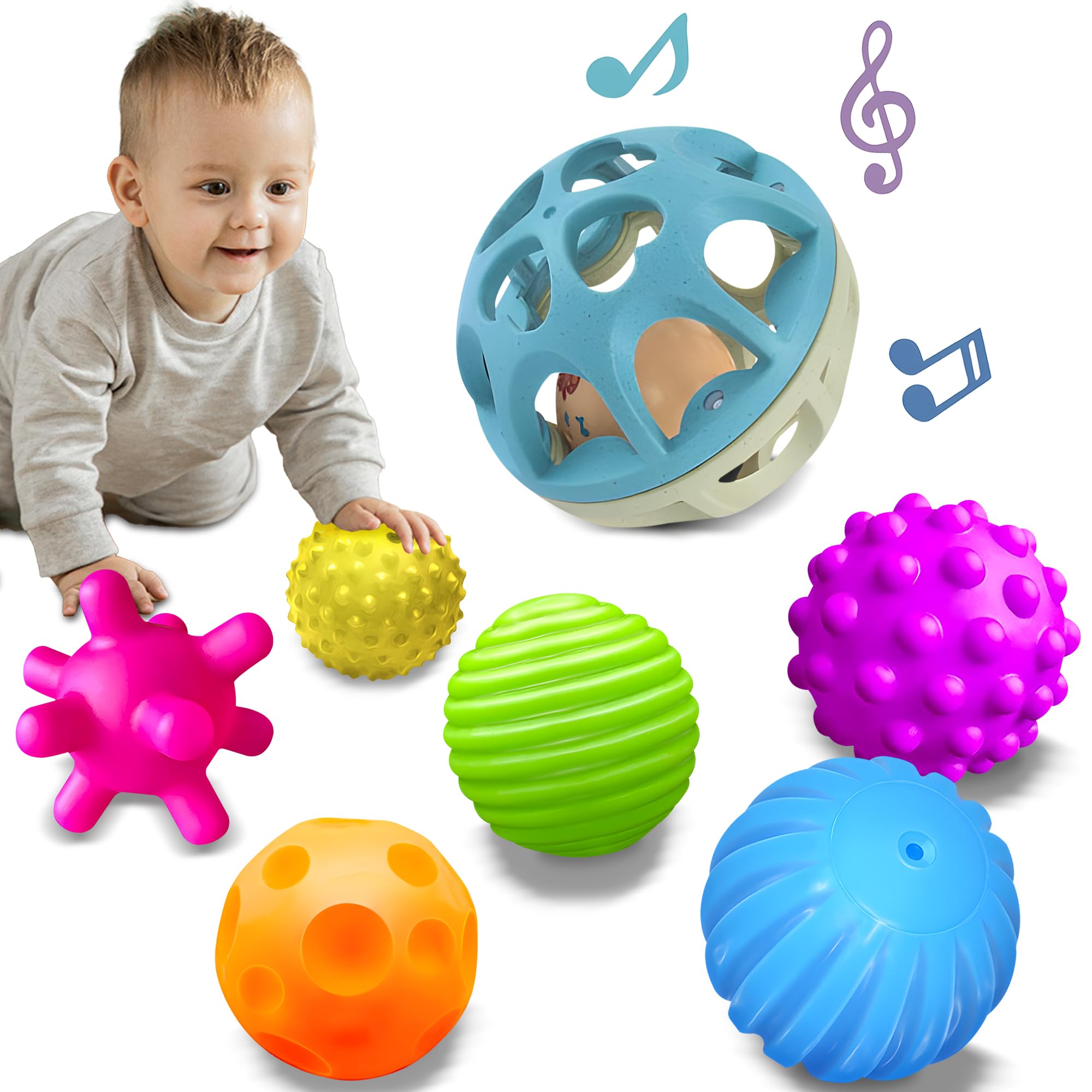 Montessori Sensory Toys for Babies, Textured Baby Balls & Wheat Straw Rattle, Developmental Toys for 6-12 Months, Perfect Newborn Gifts for Boys & Girls, Toddler Toys for Ages 1-3