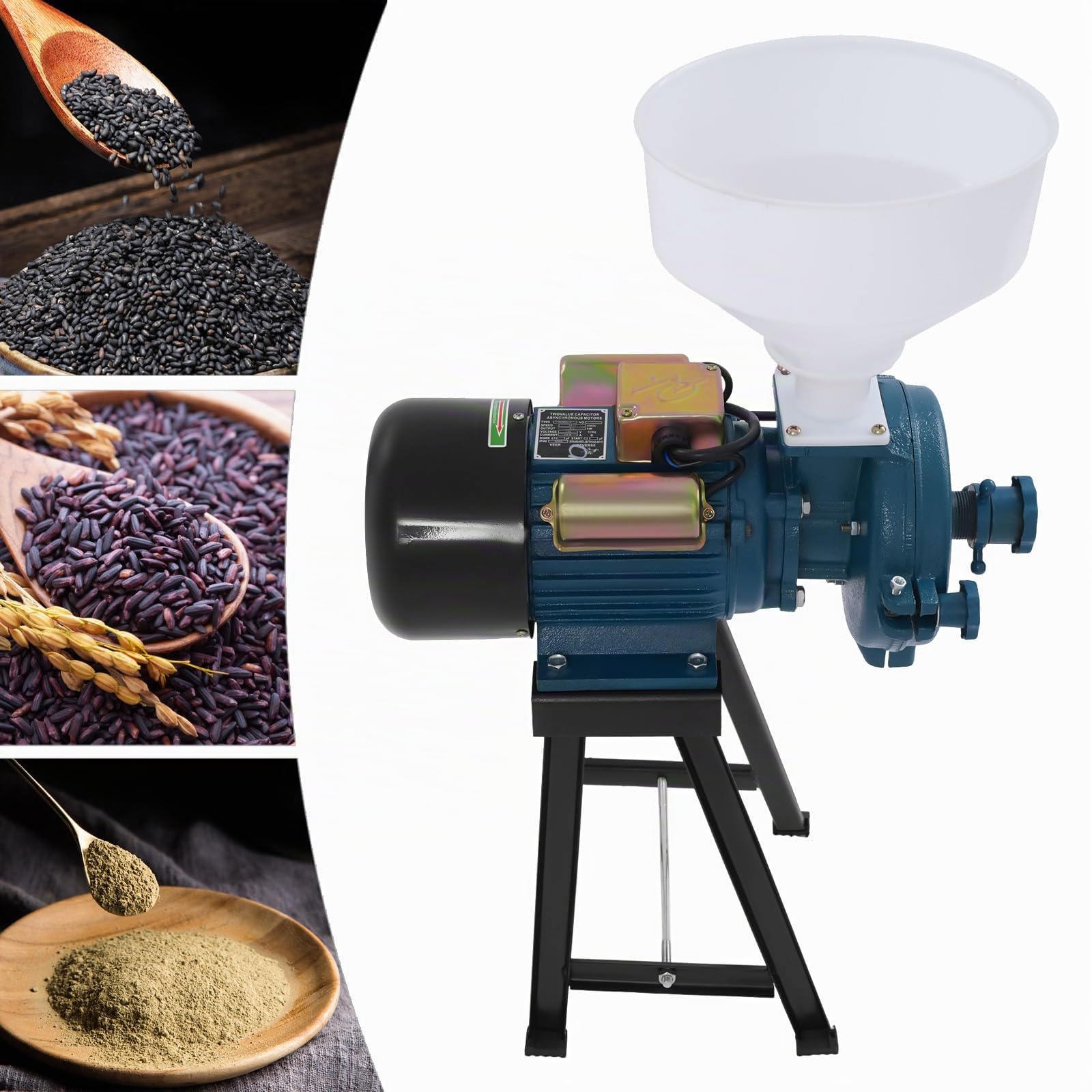 Mulino Elettrico Grano,Macina a Secco con Imbuto,Macinino Trituratore Smerigliatrice per cereali Commerciale Meccanico Elettrica può Riso Soia Sorgo e Mais 50-75kg/h(Blu)