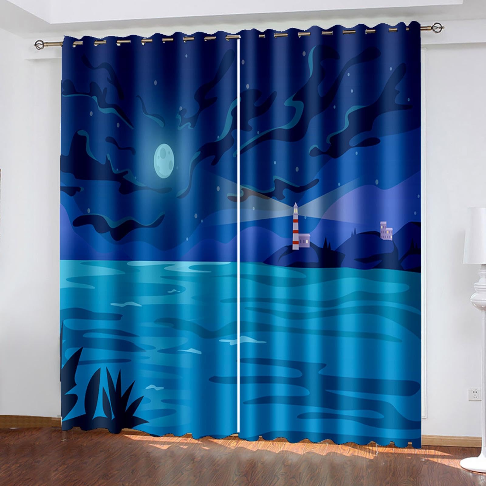 Thermal Blackout Curtains, Lighthouse Night Blue Landscape 234X137Cm 3D Printing Curtains Double Layer Curtains With Blackout Lining, 100% Light Blocking Curtains For Bedroom Living Room, 2 Pane
