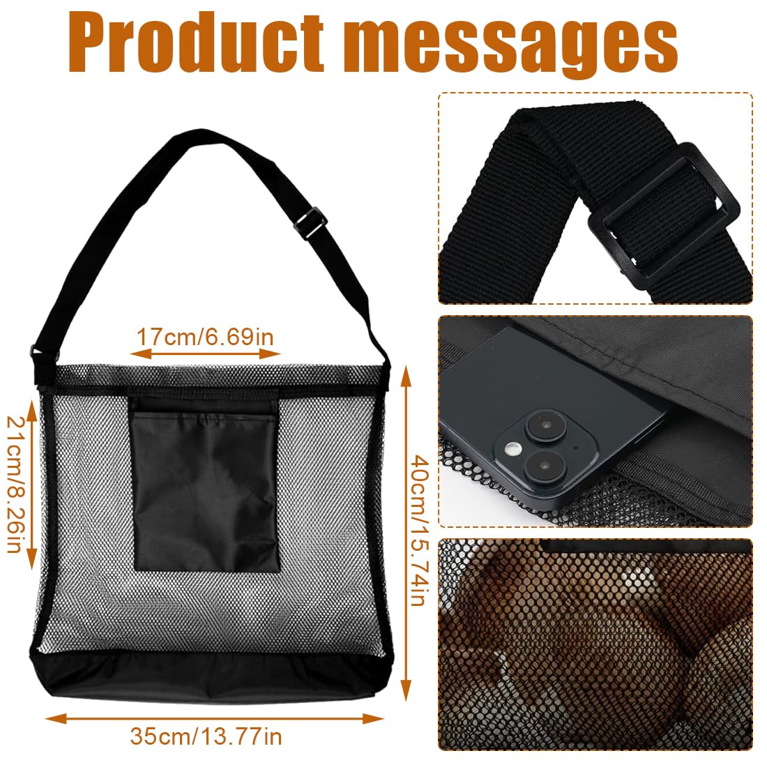 Borsa per la raccolta funghi e frutta, borsa da picnic in rete, tracolla pieghevole regolabile nera
