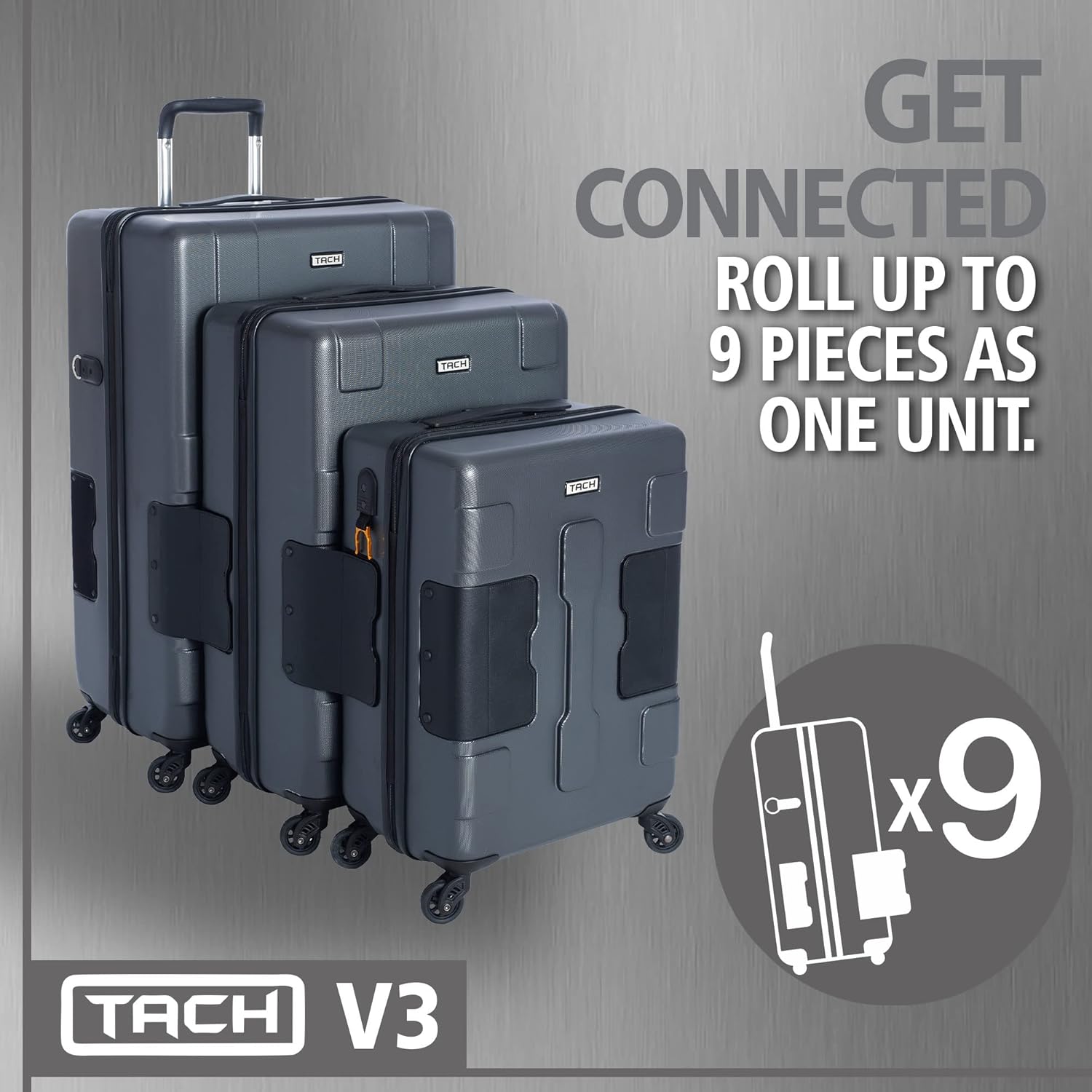 review Tach V3 Hard Shell 3 Piece Luggage Set - 22, 24 & 28 inch Luggage | Carry On, Medium & Large Checked Suitcases | Patented Built-In Connecting System | Rolling Suitcase Links 6 Bags (Grey)