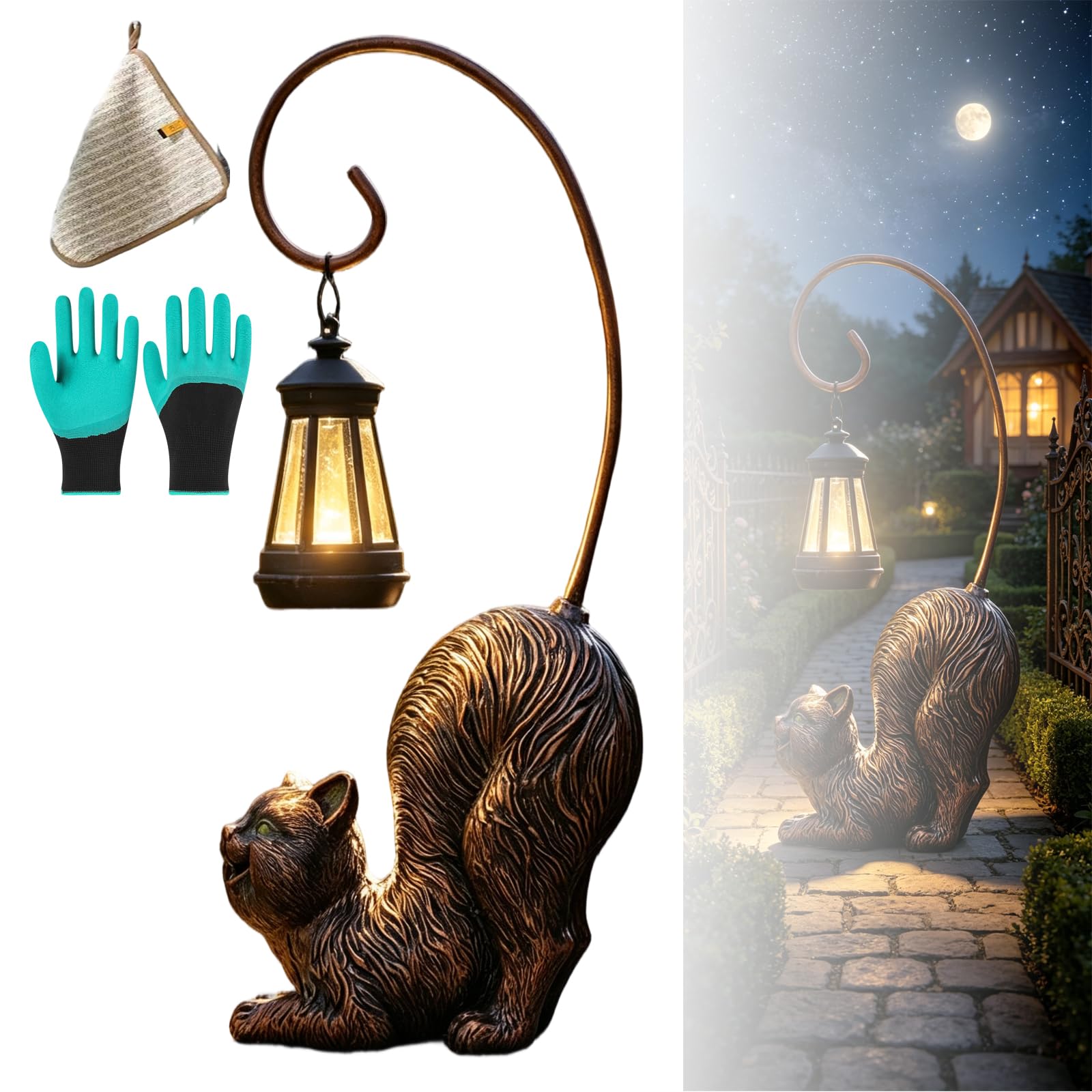 Lanterne en forme de chat extérieure en cuivre, sculpture lumineuse de prestige pour jardin