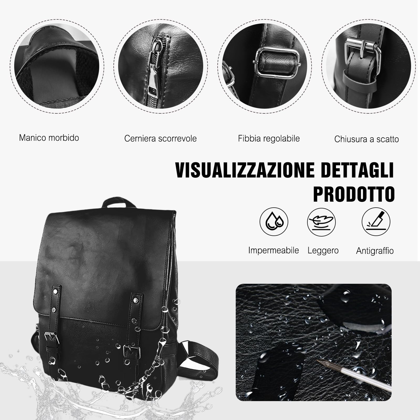 FANDARE Unisex Zaino Zainetto Adolescenti Borsa da scuola Impermeabile Scuola Zaino Uomo Donna Università per Viaggio Campeggio Escursionismo PU Daypacks per 12.9 pollice PC Nero