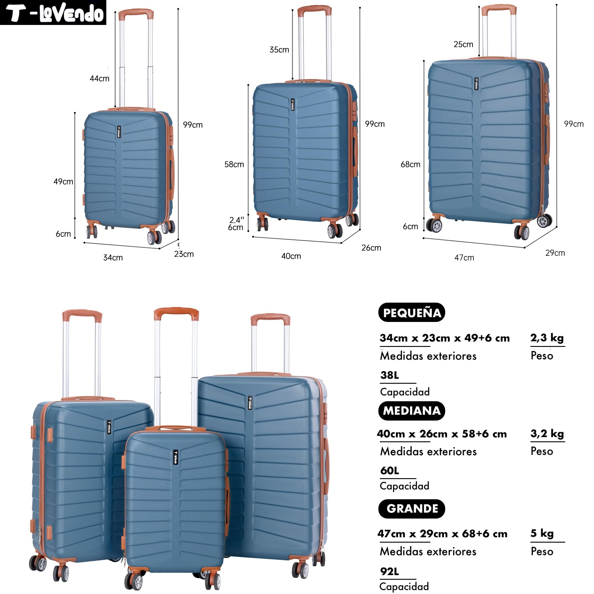 Juego de 3 Maletas Viaje Rígidas ABS con Ruedas 360° | Trolley Maleta de Cabina Ligero y Resistente | Equipaje de Mano, Mediana y Grande | Cerradura, Asa Telescópica, Interior Organizado Diseño