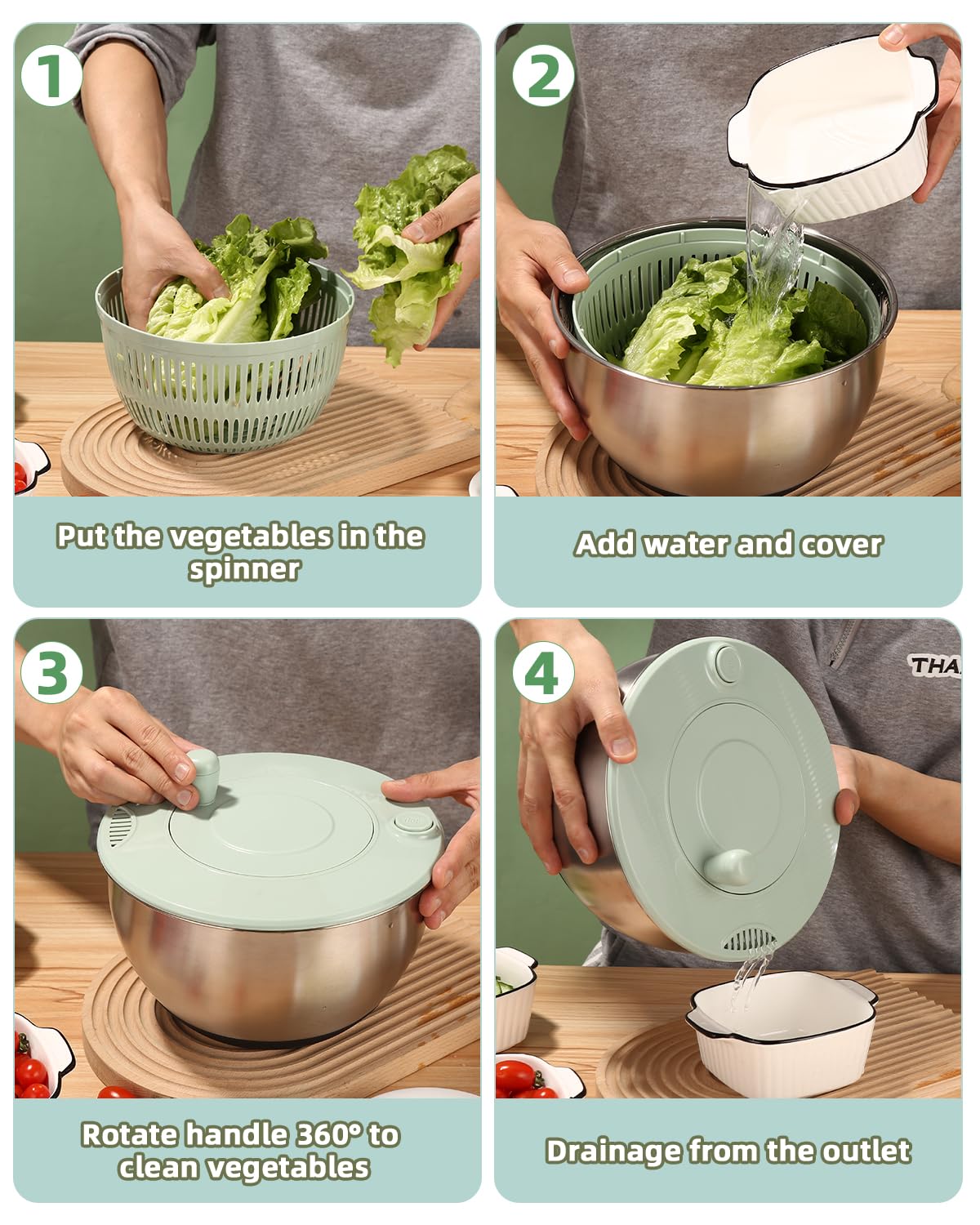 Centrifugadora de Ensalada de Inoxidable, Centrifugadora de Ensalada de 5L, Grande Centrifugador de Ensaladas, Base Antideslizante, 6 Accesorios,Apta para Lavavajillas, Escurridor Verduras