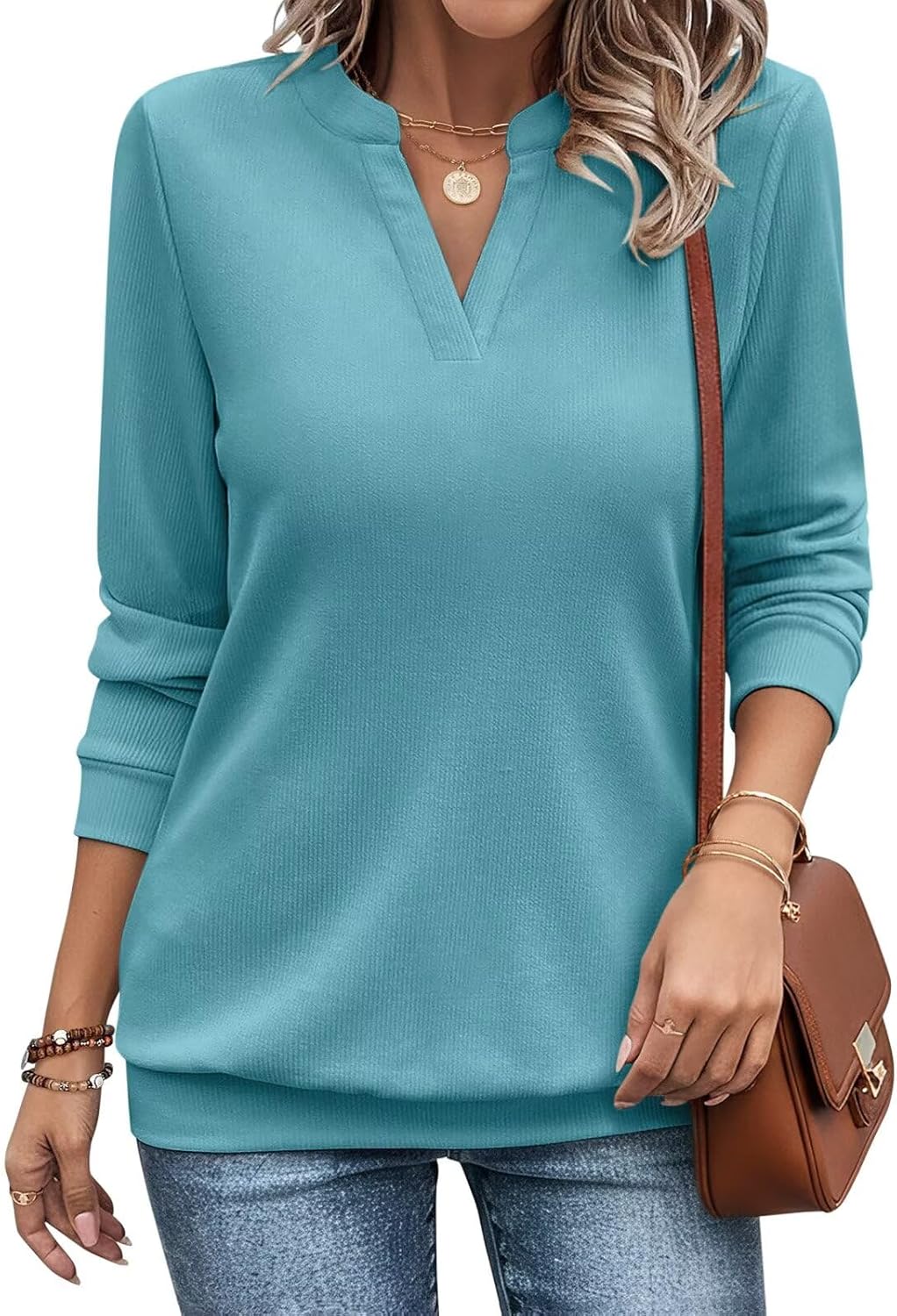EADINVE Womens V Neck Long Sleeve Sweatshirts Lightweight Pullover Cute Fashion Cute Fall Clothes Tunic Tops 2025