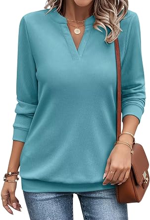 EADINVE Womens V Neck Long Sleeve Sweatshirts Fall Lightweight Pullover | Ladies Sweatshirts No Hood, Cute Tunic Tops, Solid Color, Crew Neck, Loose Fit, Daily, Fall Fashion, Cotton Blend, Easy Care