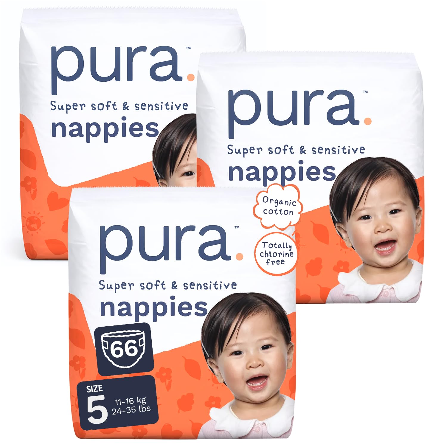 Pura Baby Nappies Size 5-66 Count, 11-16k /24-35 lbs, Cloud Soft Premium Nappies for Hypoallergenic & Sensitive Skin, Toxin-Free*, Blowout Blocker™, Up to 12 Hours Leak Protection