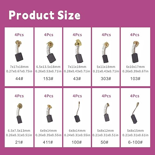 Miniatura 2 de Escobillas de carbón para motor eléctrico, 40 piezas, 10 modelos diferentes de cepillos de carbono, adecuados para el mantenimiento de motores de