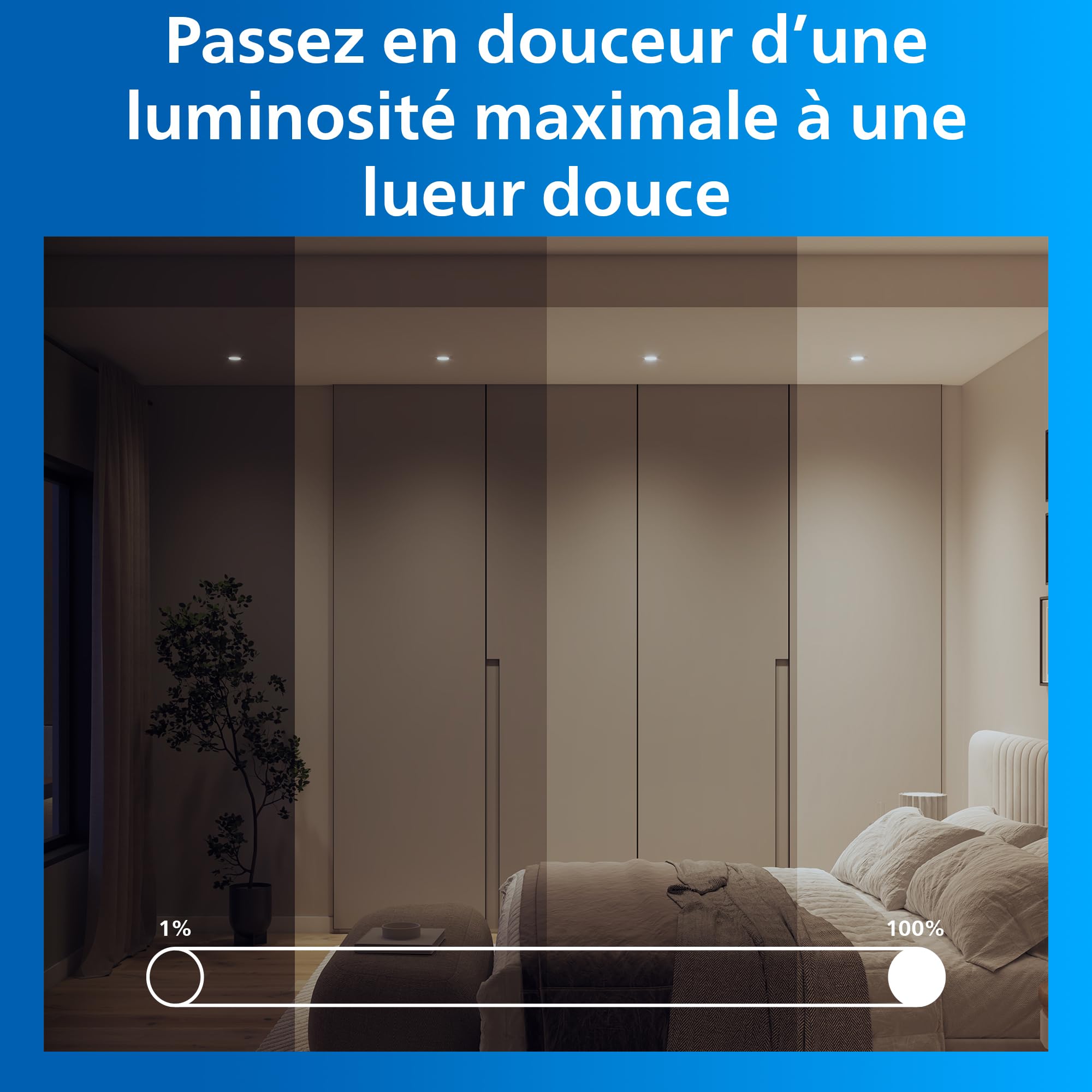 Philips Smart Lighting Kit GU10, Pack de 4, Spot Plafond, Blanc et Couleur Réglable, Tête Inclinable, Intensité Réglable, Commandes via App et Voix, Blanc