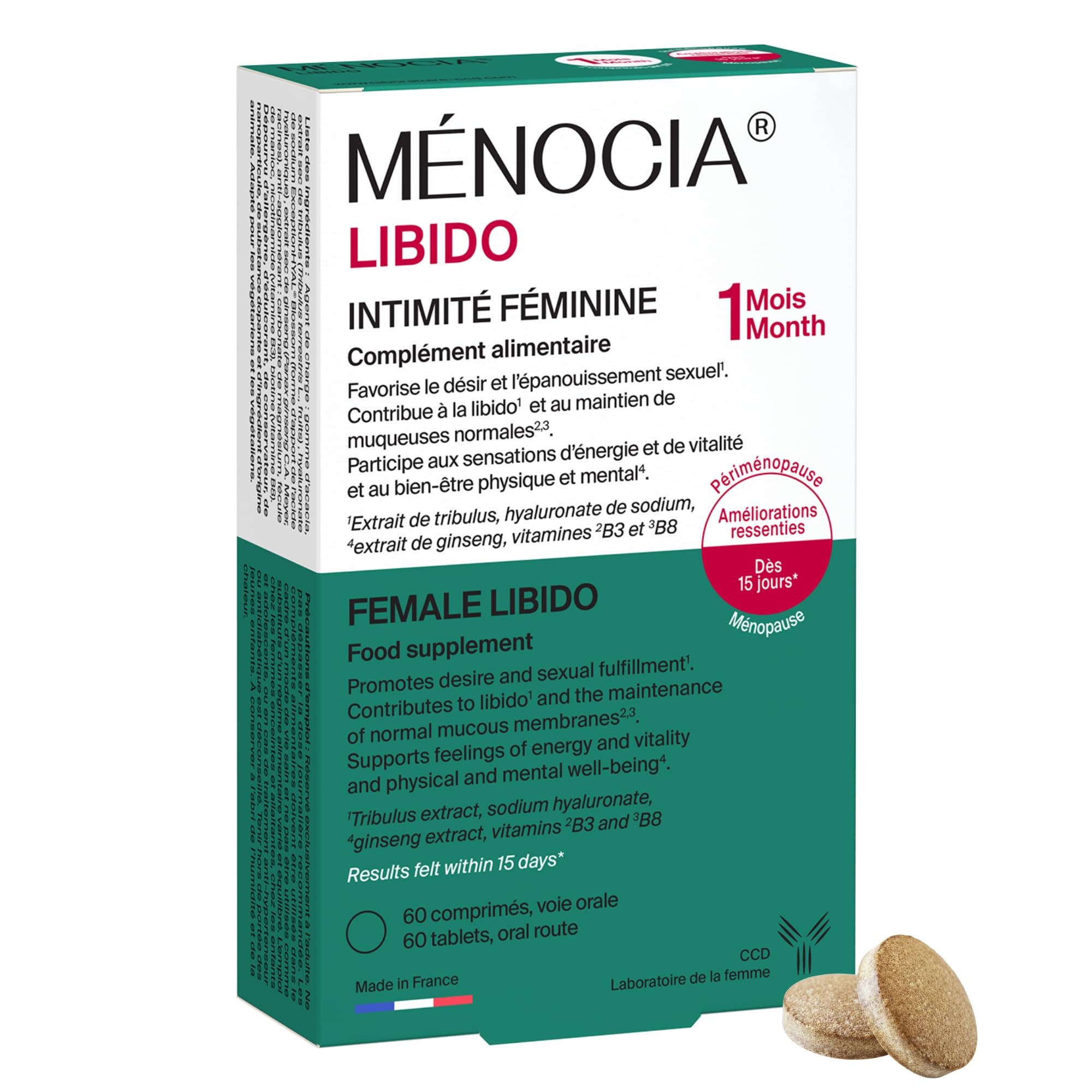 MÉNOCIA® Libido | Complément Alimentaire Intimité Féminine | Tribulus, Ginseng, Vitamines B3 & B8, Hyaluronate | | Libido, Énergie, Confort Intime | 60 Comprimés | Sans Hormones | Fabriqué en France