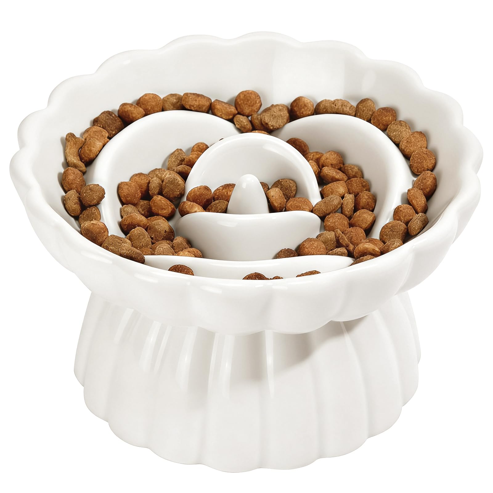Gamelle Anti Glouton Chat Céramique Surélevée, Bol Chat Fleur Anti Vomissement pour Alimentation Lente (Blanc)