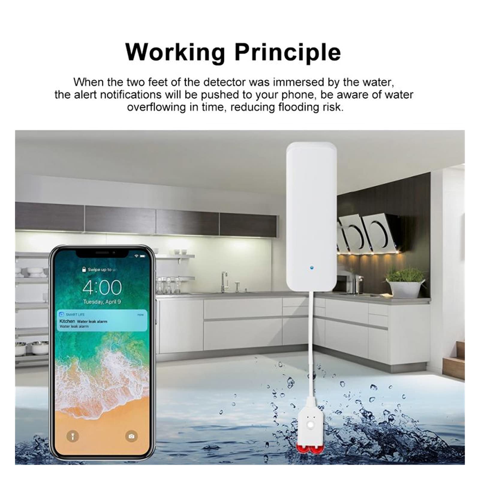 Actuador eléctrico Sensor de fugas de agua Detector inalámbrico Detector de agua Detección de fugas Alerta Nivel de agua Desbordamiento de desbordamiento Alarma Inicio inteligente Proporciona una prot