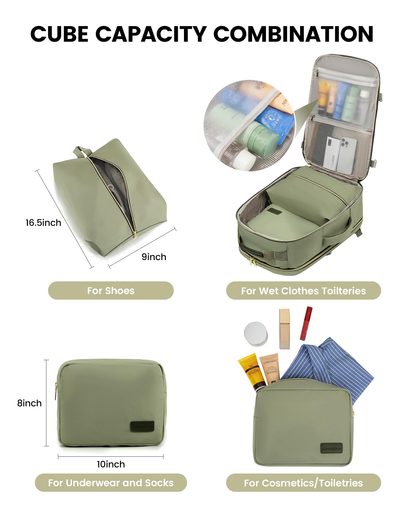 LOVEVOOK Zaino da Viaggio Aereo Bagaglio a Mano, Impermeabile Zaini Trolley Bagaglio Donna 40L Cabin Max per Ryanair Easyjet, Grande Zaino Porta PC 17 Pollici Valigia Borsa a Zainetto