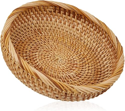 Vista 11 de Cesta redonda de ratán natural para frutas, cestas de decoración tejidas a mano, almacenamiento de mimbre para comedor (combo redondo)