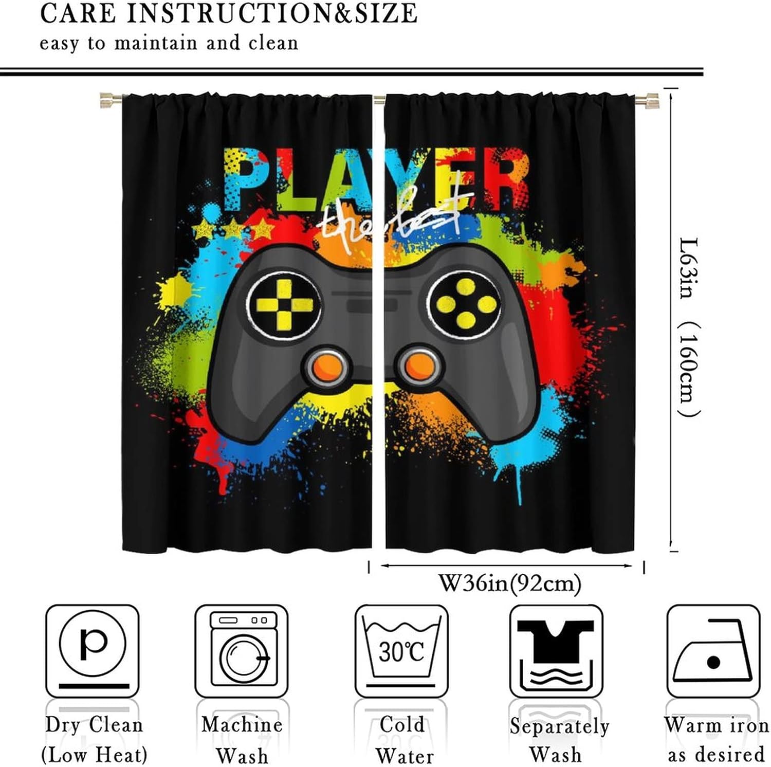 Gamepad Curtains Game Blackout Window Curtain,Colorful Video Gamer Gamepad for for Kids Boys Girls Nursery Bedroom Games Room Window Drapes,2 Panel W72 xL63