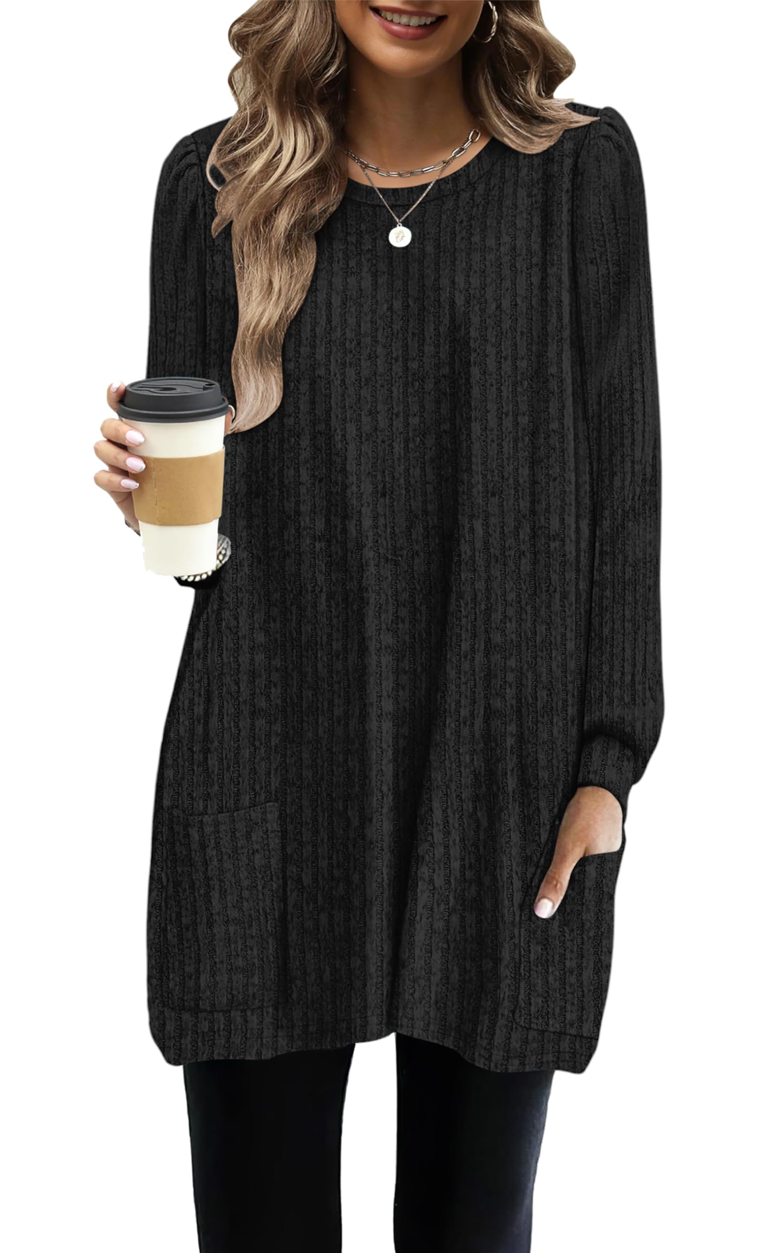 WNEEDU Long Sleeve Shirts for Women Long Tunic Tops with Legging Light Sweaters Dress with Pockets 2025 Trendy