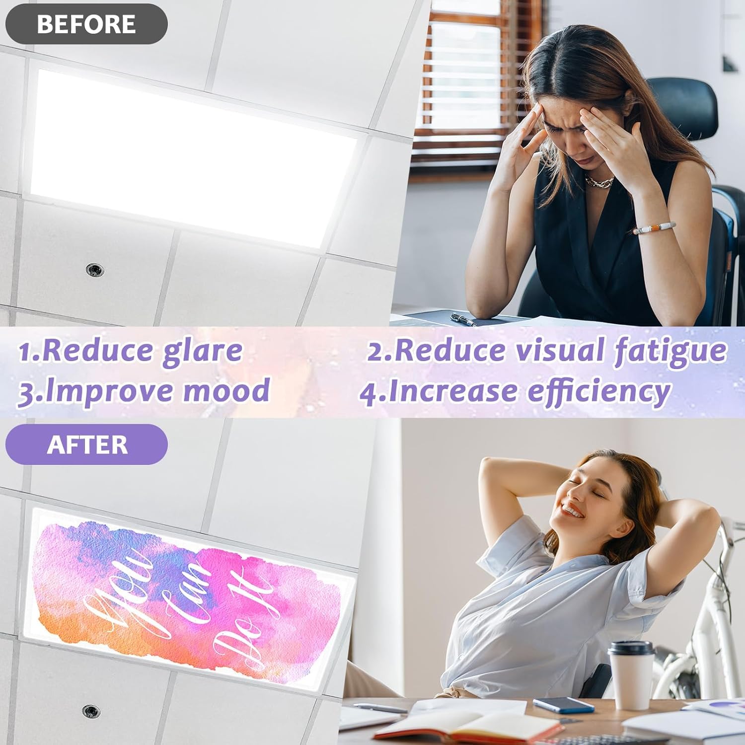 QOUBAI 6PCS Fluorescent Light Covers, 4x2 Feet Magnetic Light Cover Fluorescent Lights Shade Panel Positive Inspirational Ceiling Lights Filters for Office Classroom Home Drop Ceiling Watercolor