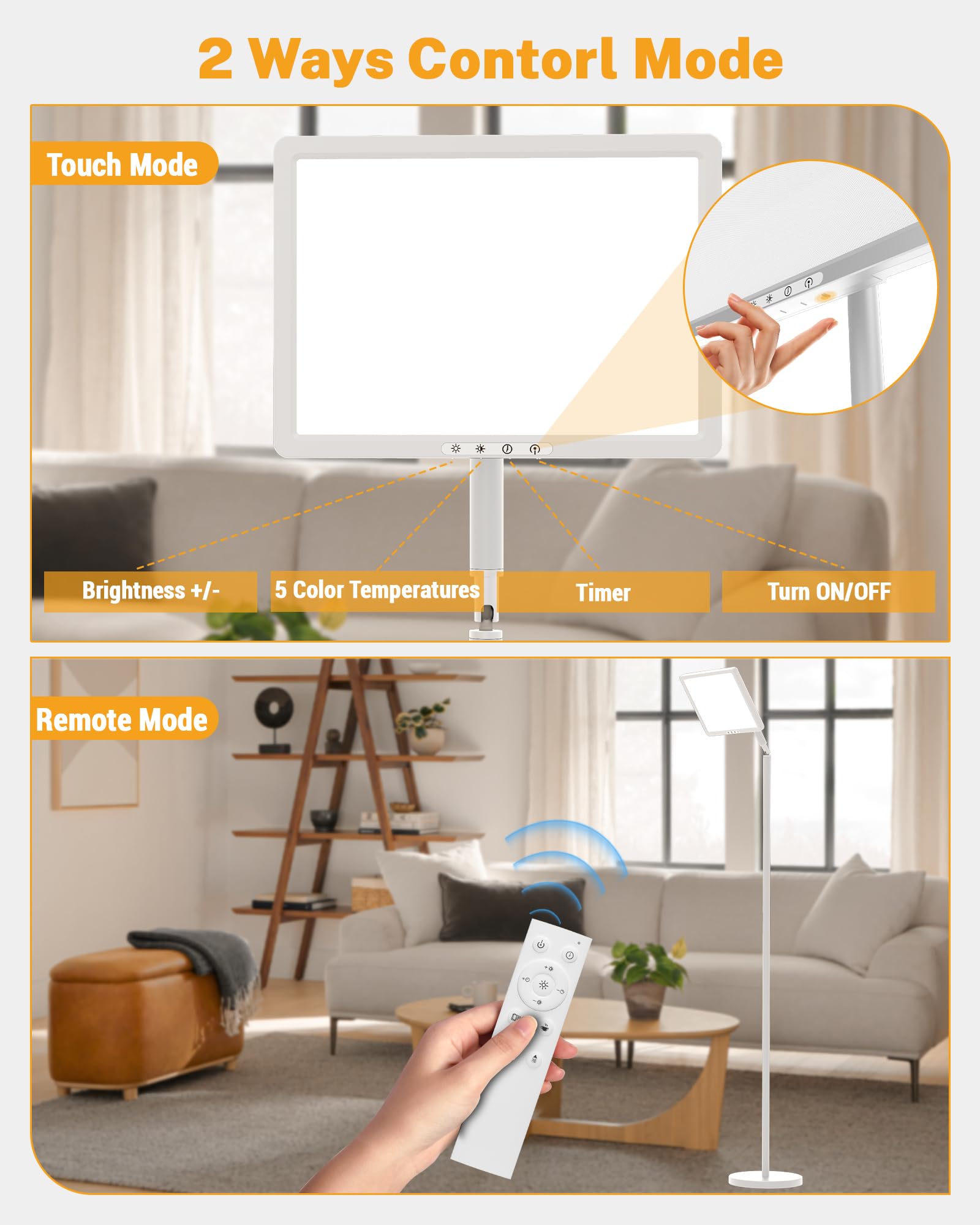 Lampe de luminothérapie 12 000 lux, sans UV, lampe de thérapie au sol à spectre complet, lampe solaire LED 4 en 1, 10 niveaux de luminosité, 5 modes de couleur, télécommande et