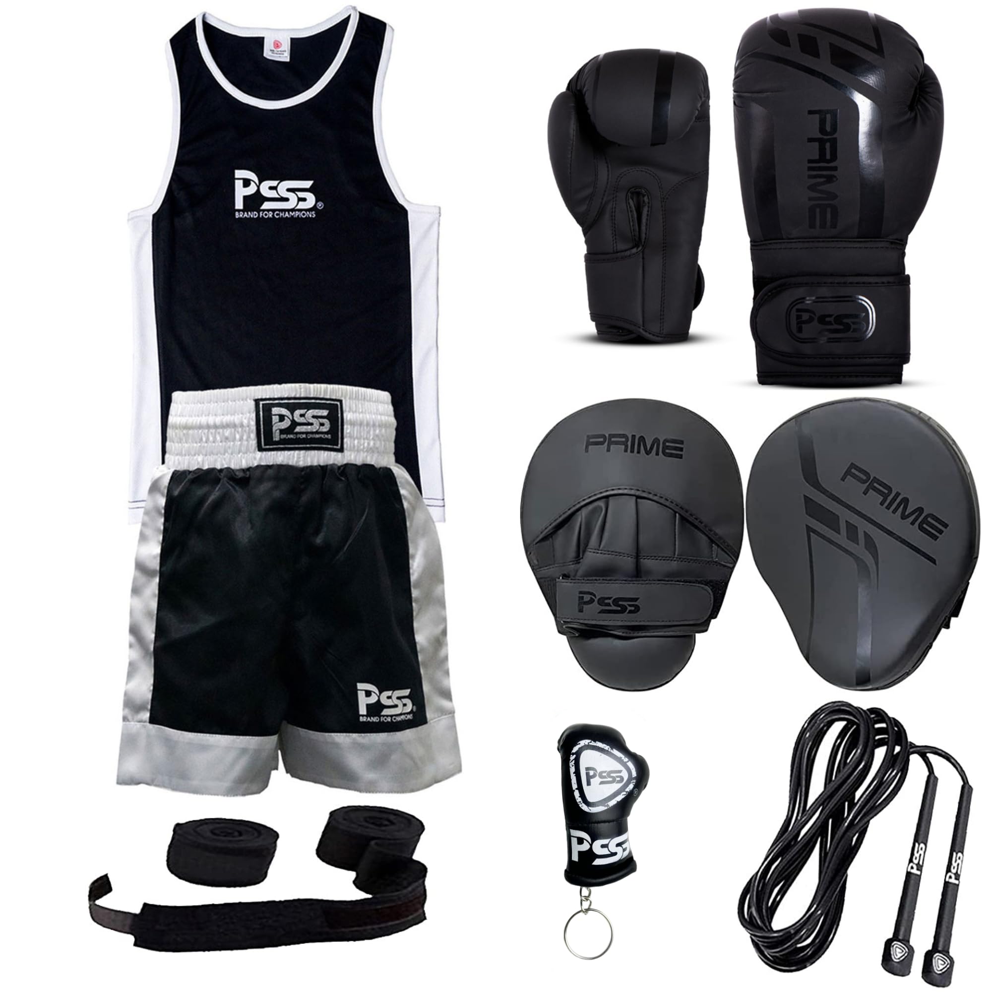 PSS Ensemble Boxe Enfants 3-14 Ans 6 Pièces Short & Débardeur + Gants Boxe Enfants 6Oz + 2 Pattes d’Ours + Accessoires Ensemble Boxe Enfant Muay Thai Kickboxing Boxe Anglaise Française Noir