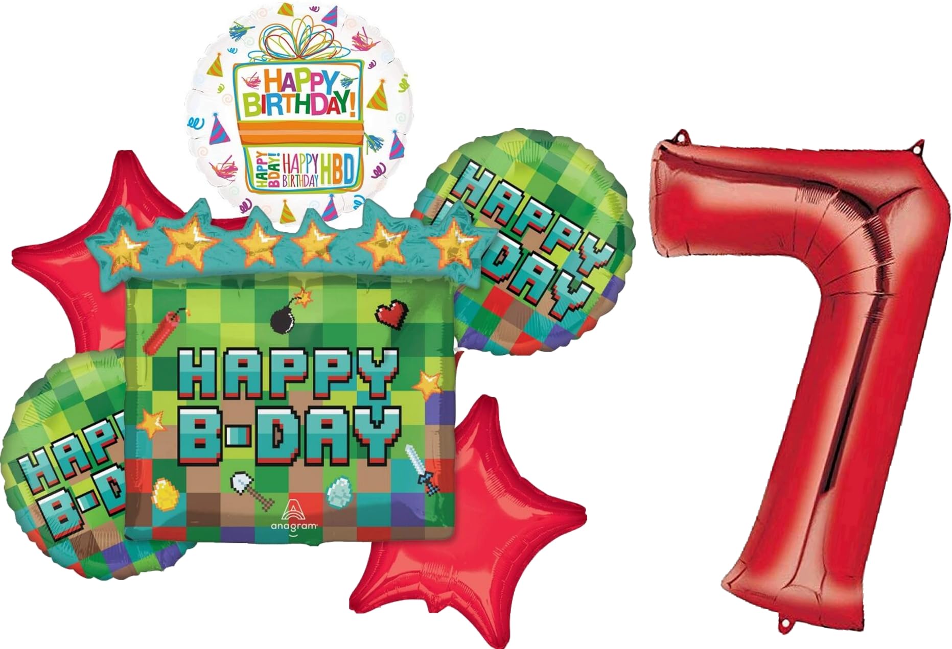 Miner Theme 7th Birthday Party Supplies Video Gamer Pixel TNT Balloon Bouquet Decorations