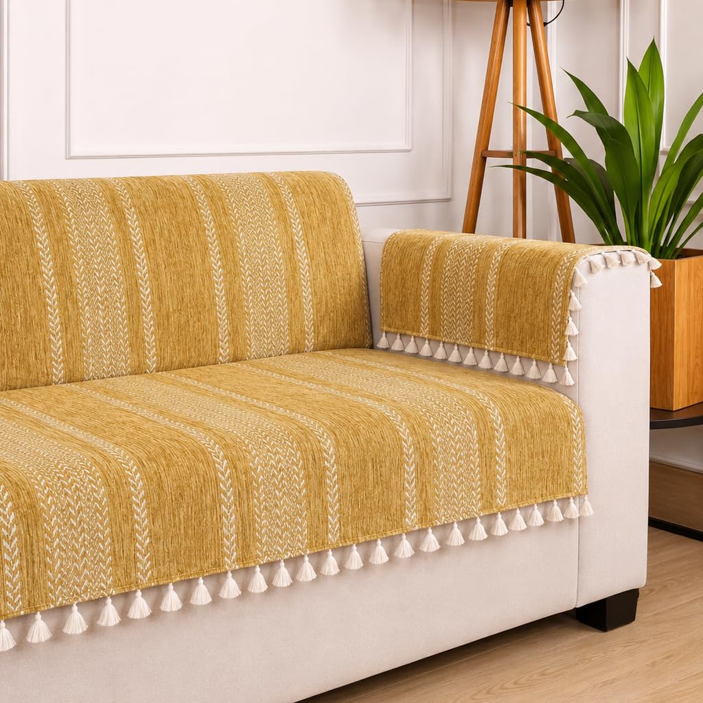 STITCHNEST Chenille Printed Sofa Cover 3 Seater with 2 Hand Rest Covers – Washable Mustard Sofa Cover with Tassels – Durable Premium Fabric – Stylish Sofa Protector for Living Room & Furniture Decor