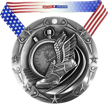 Decade Awards Track World Class Engraved Medal - 3 Inch Wide Running Medallion with Stars and Stripes American Flag V Neck Ribbon - Customize Now