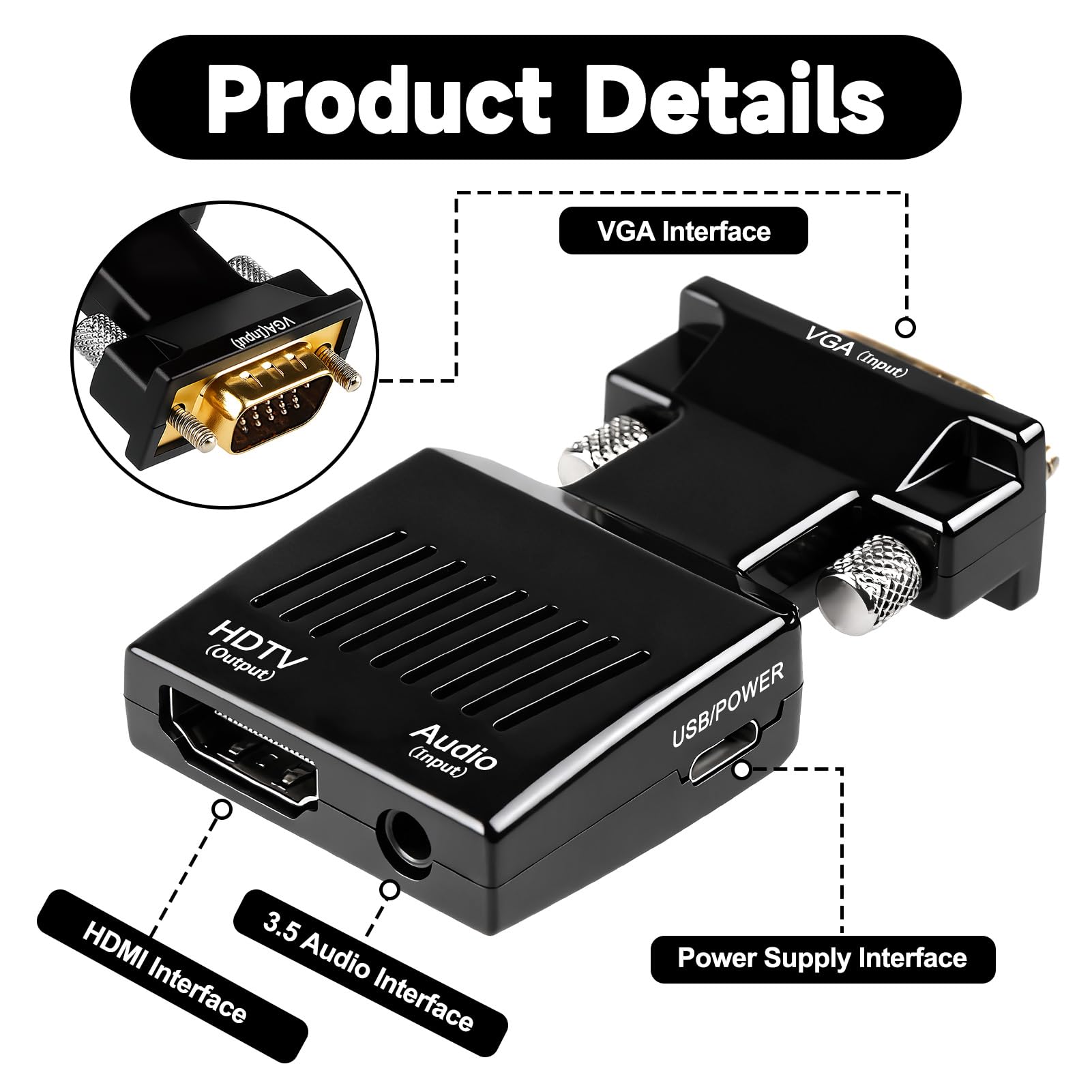 Adaptateur VGA vers HDMI 1080P Convertisseur Mâle vers Femelle 60Hz avec Câble 3,5 mm et Alimentation pour PC vers TV