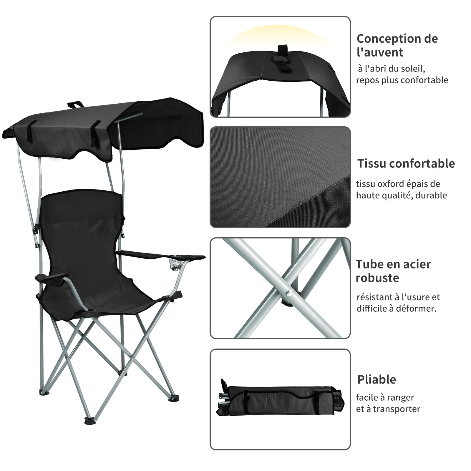 Chaise Pliante pour Voyages, Pêche, Festival - Noir avec Parasol et Porte-gobelet
