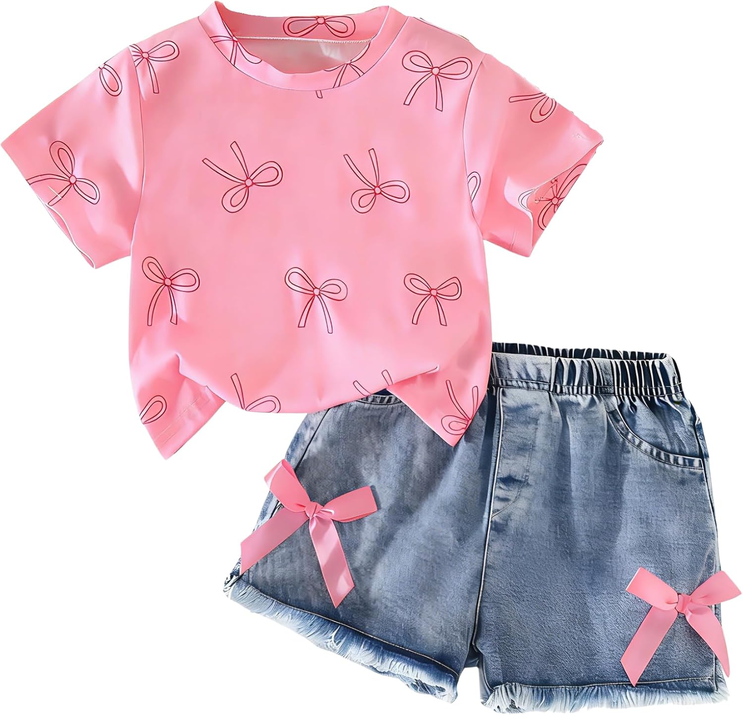 Kid Girls Clothes Outfits Cute Sweet Bowknot Print T-Shirt + Bowknot 2 In 1 Denim Short Summer Clothing Set