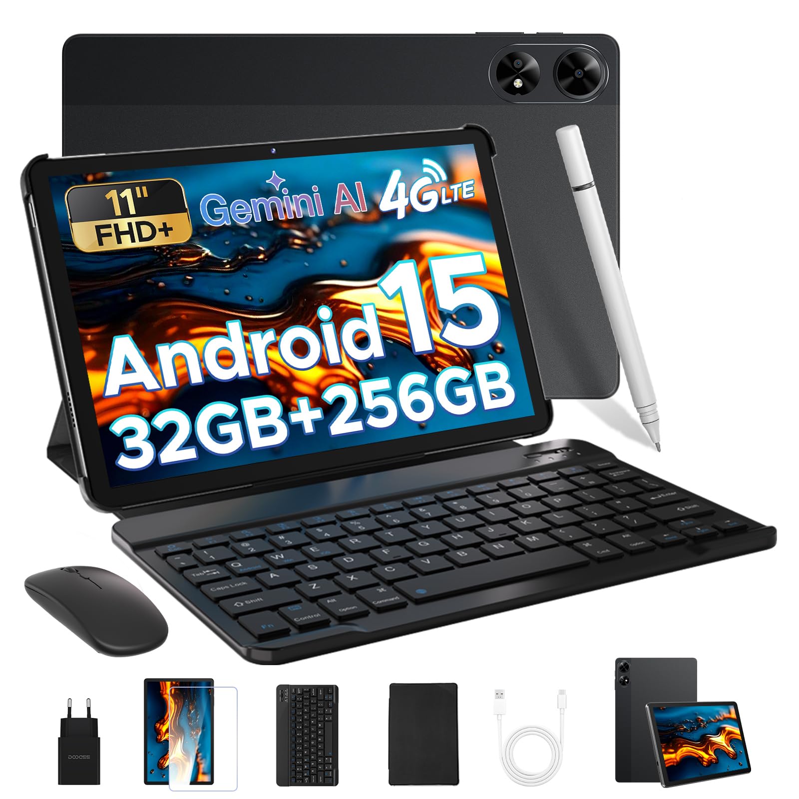 DOOGEE Tab G6+ Tablet con Tastiera, 32GB+256GB/2TB Android 15 Tablet 11 Pollici, 4G LTE + 5G WiFi, 1920x1200 FHD+ IPS, Octa Core Tablets Gaming, 8000mAh/Widevine L1/Face ID/GPS/BT5.0/OTG - Nero