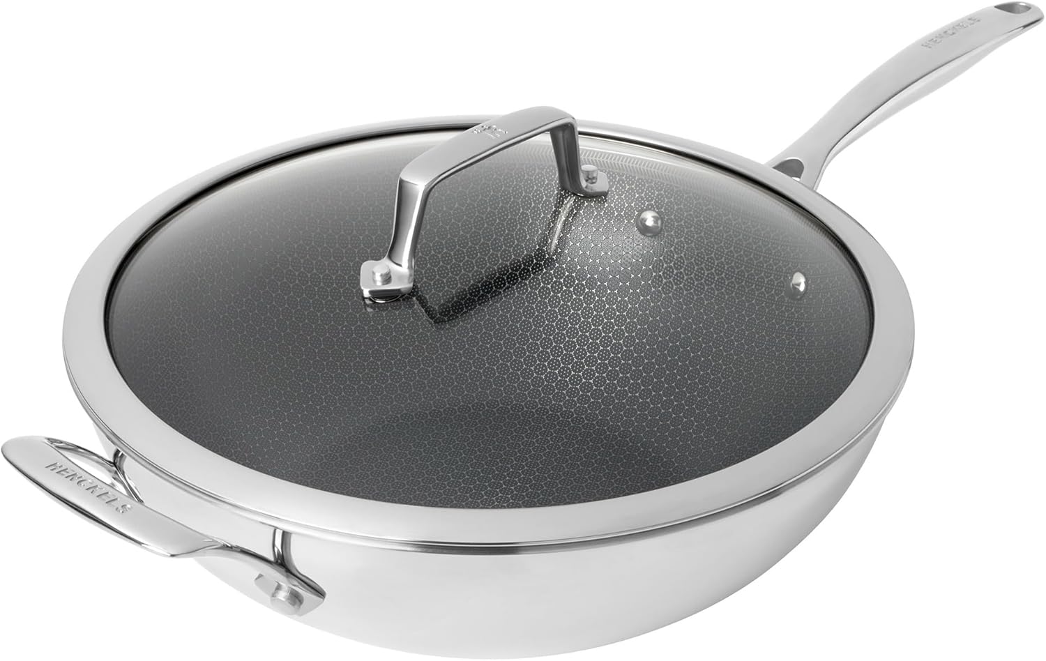 Henckels Paradigm Stainless Steel 12” Wok with Lid, Tri-Ply Ceramic Nonstick Wok, Non Toxic Induction Wok, Metal-Utensil & Dishwasher Safe