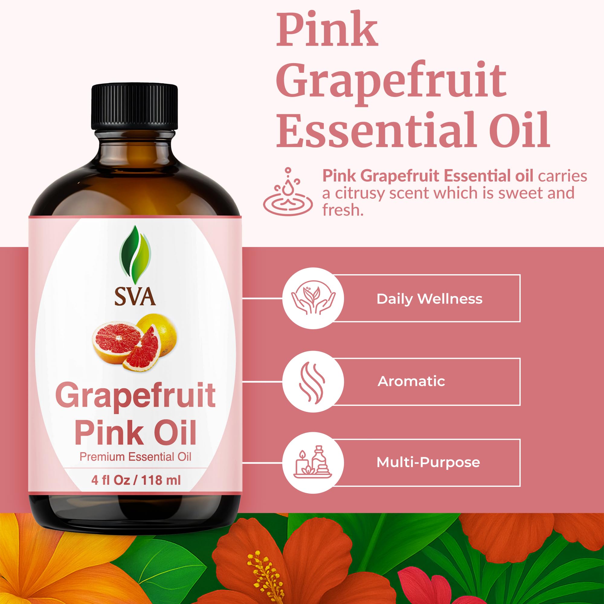 SVA Organics Aceite de pomelo rosa con cuentagotas, 118 ml 100% puro, natural y de grado terapéutico para una piel radiante, cabello lustroso, aromaterapia y masajes 4 Fl Oz (Paquete de 1)