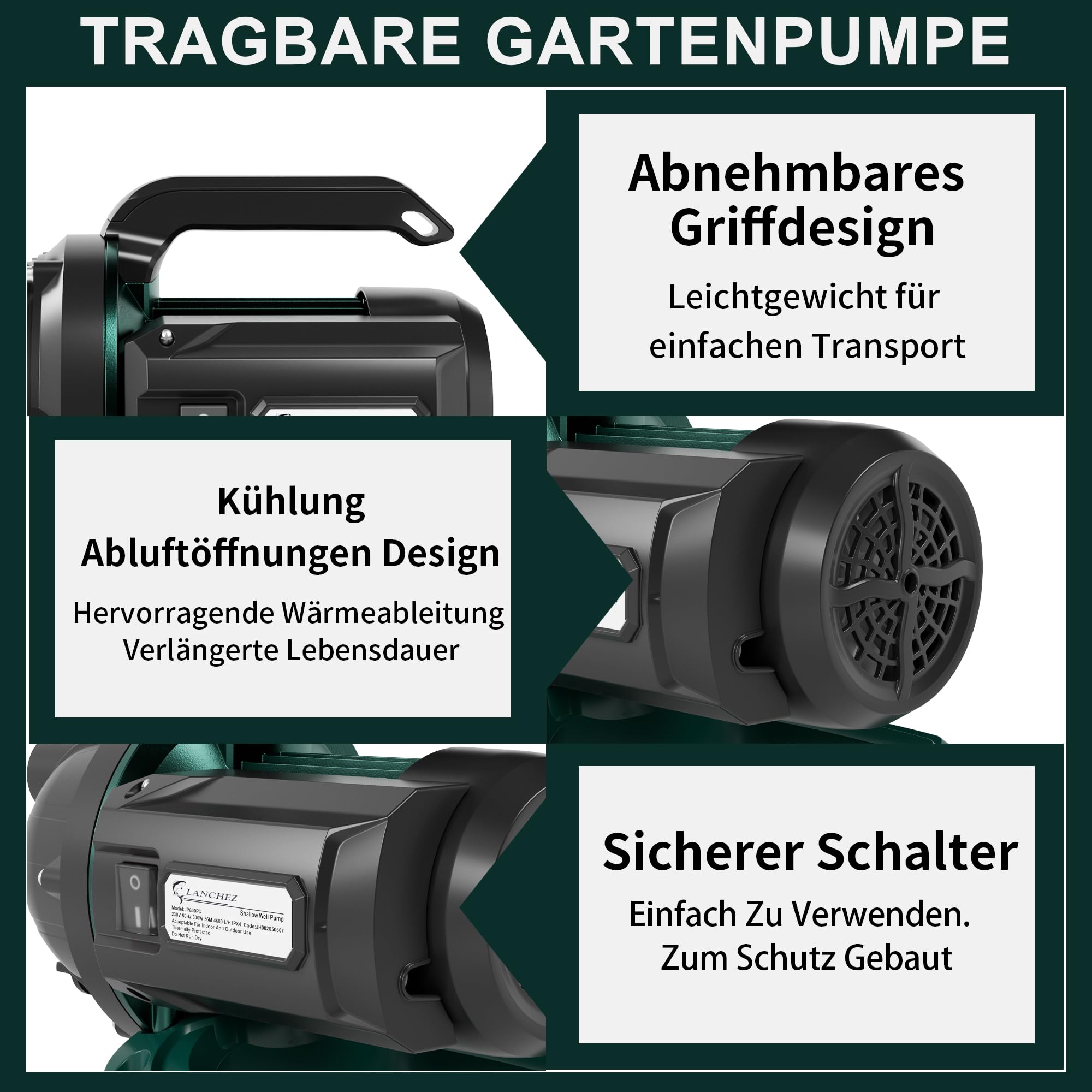 LANCHEZ Gartenpumpe 4600 l/h Fördermenge, Leistung 600 W, 36 m Förderhöhe, Ansaughöhe bis zu 8 m, Tragbarer Griff, Wasserpumpe für Regenfässer, Zisternen, Gartenteiche