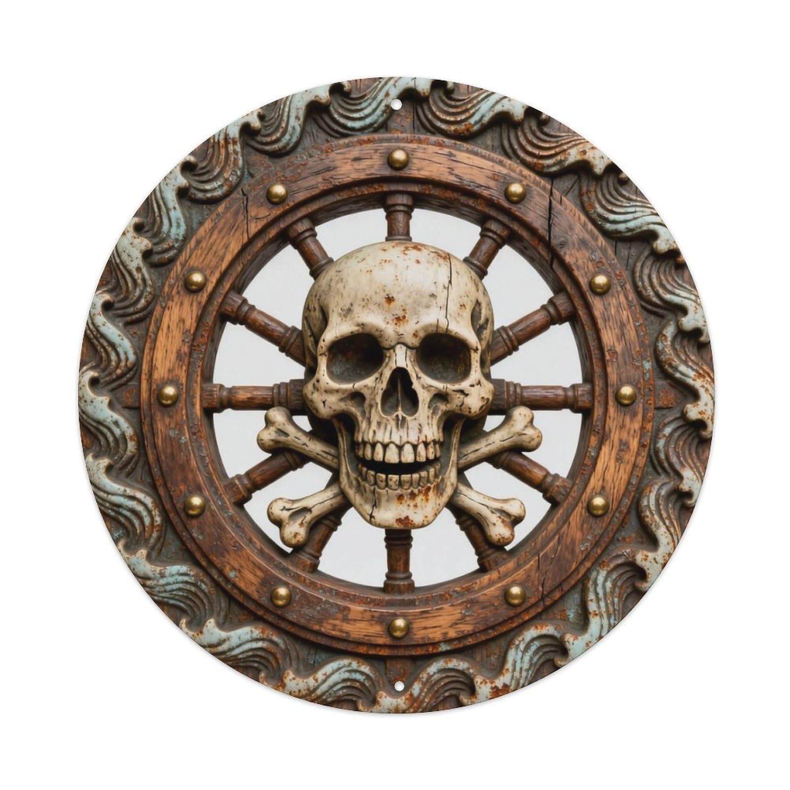 Pirate Ship Wheel Treasure Metal Tin Sign Plaque