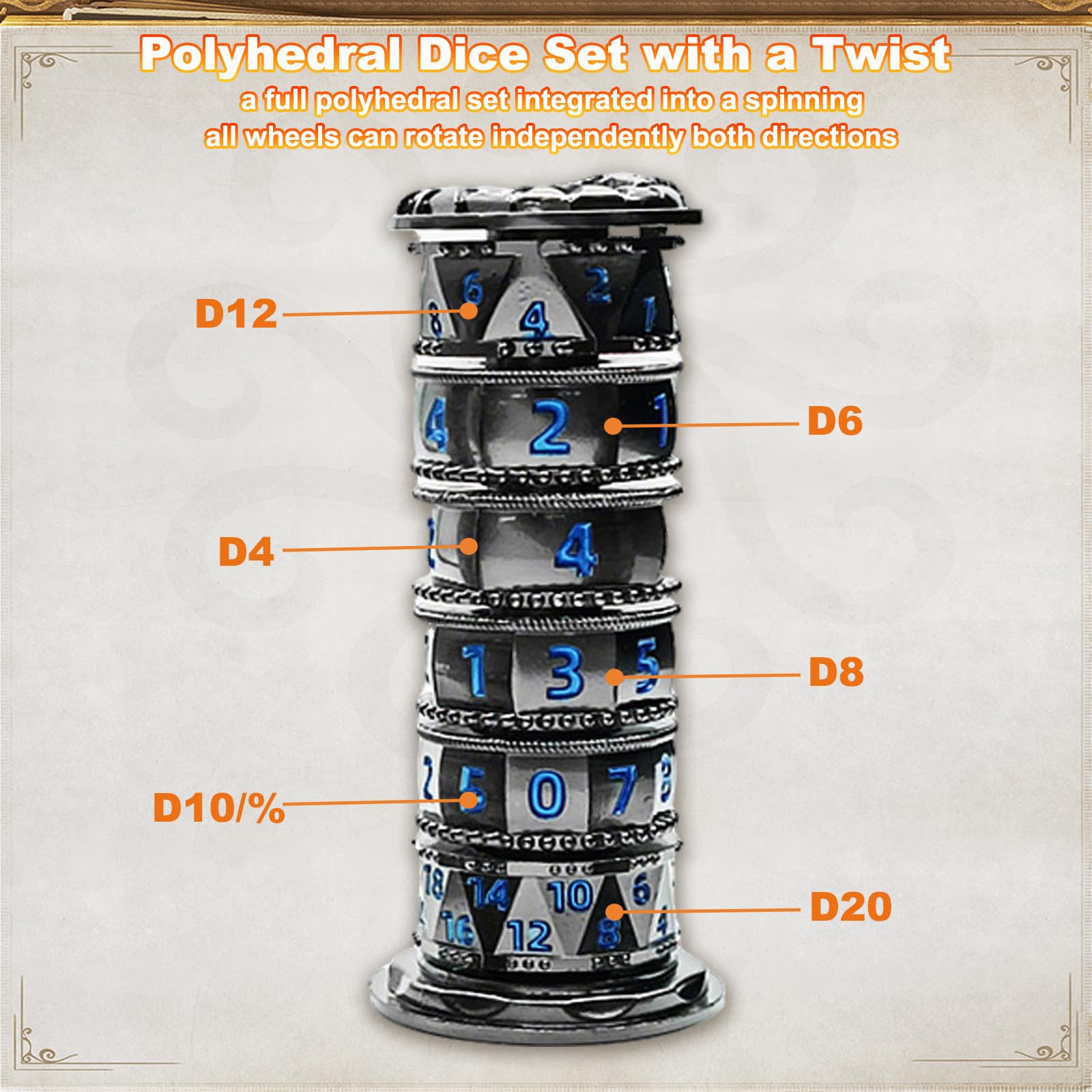 IFCOW 7-in-1 Metall Würfelkreisel Für Rollenspiele | D4 D6 D8 D10 D12 D20 D% | Mit Drachengravur | Für TRPG & Tabletop