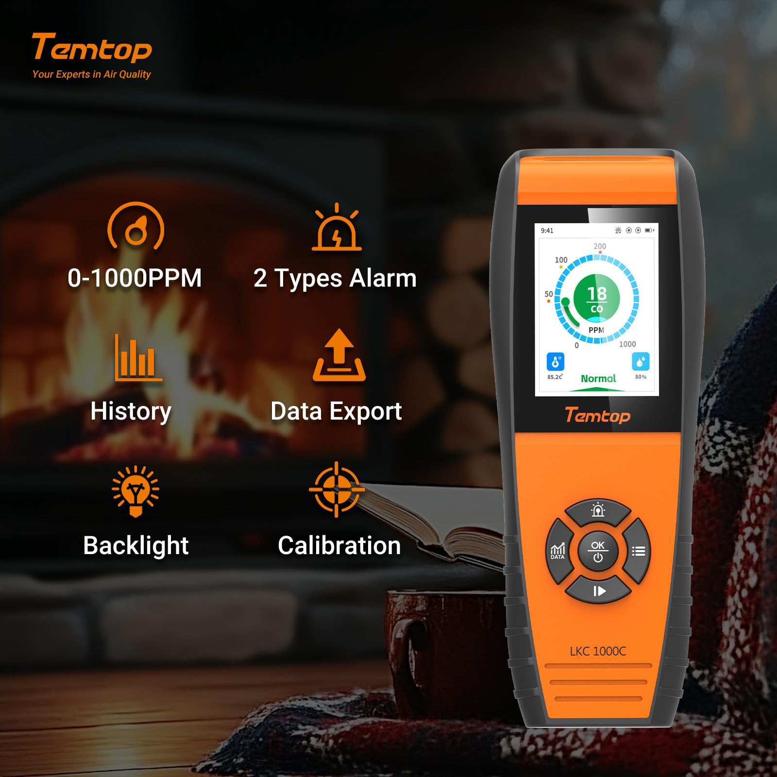 Temtop LKC-1000C Portable C-O-Detektor mit Temperatur- und Feuchtigkeitsanzeige, Messbereich 0–1000 ppm, TFT-Farbdisplay, individuelle Alarme für zu Hause/Garage/Sicherheitsüberwachung