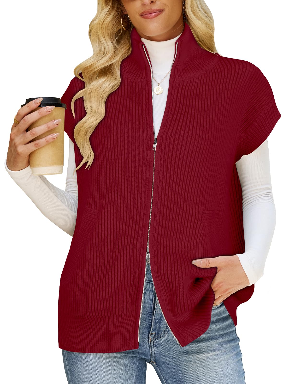 Koscacy Sweater Vest for Women Zipper UP Cap Sleeve Knit Cardigan Outerwear Vest with Pockets