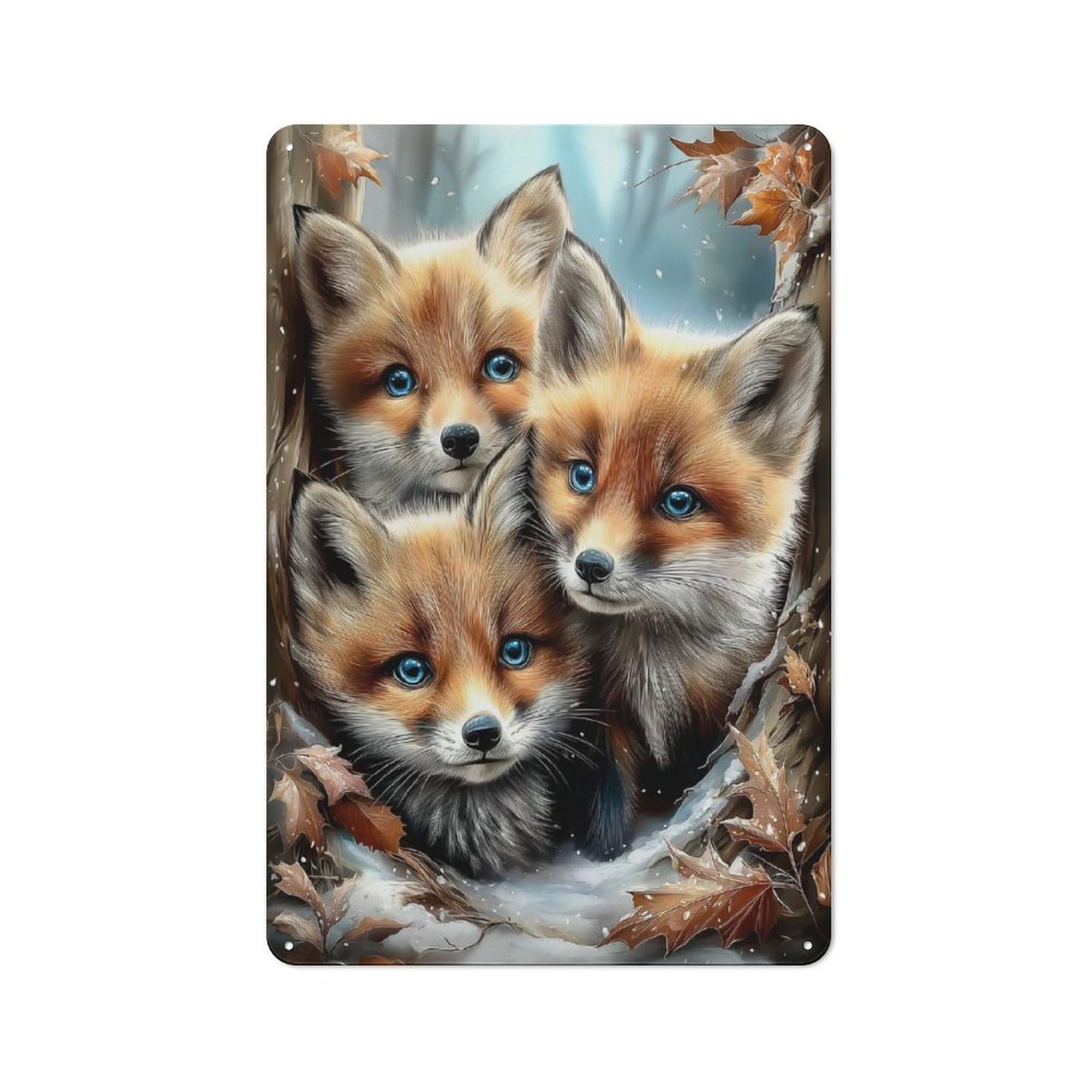 Junmoney Style-12 For Guest Room Or Hallway, Three Fox Cubs In Winter Forest Retro Metal Wall Sign 30X20cm, For Vintage Wall Decor Fans, For Metal Sign Collectors