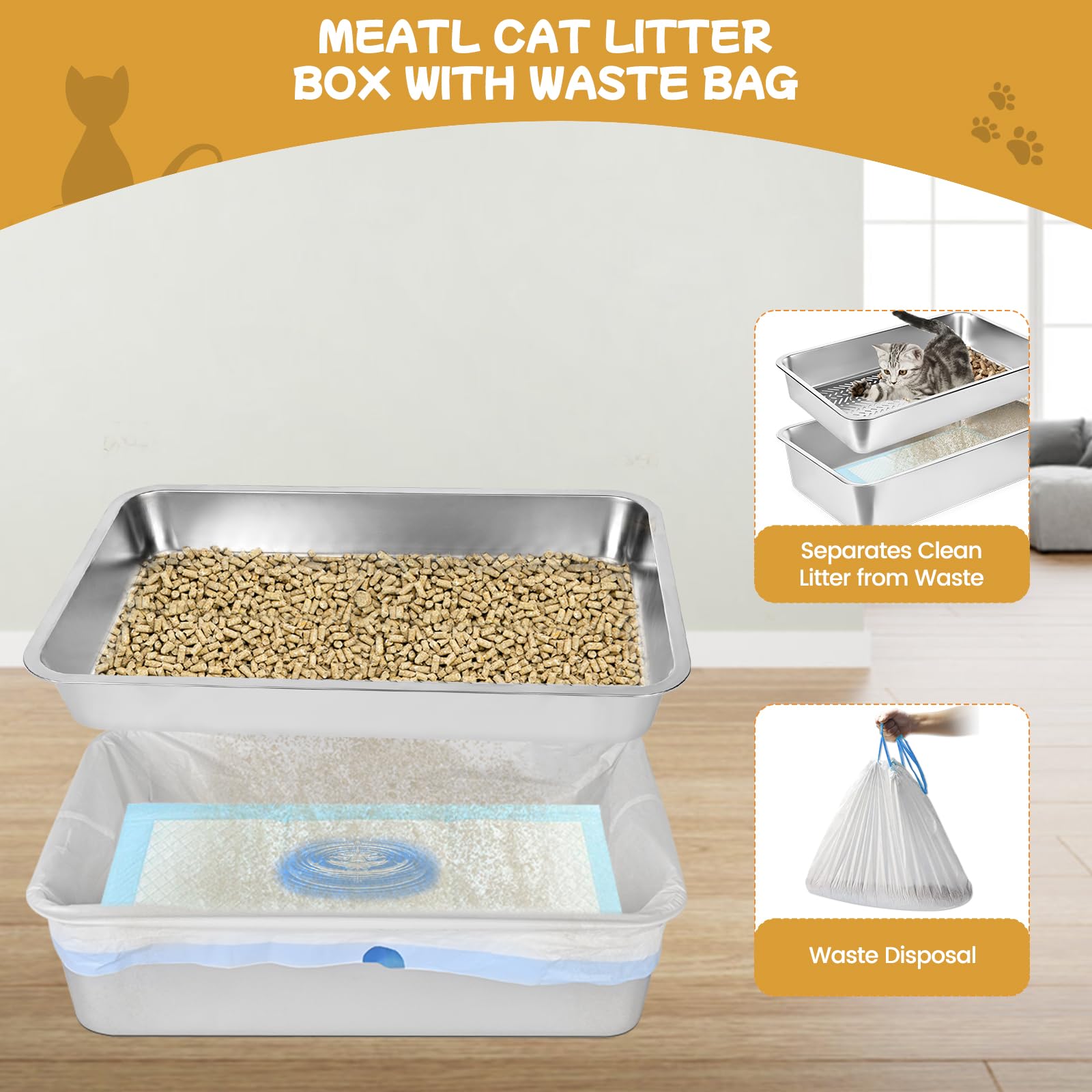 Edelstahl-Siebkasten mit Deckel, Großer Siebkasten für Katzenstreu mit Kiefernpellets und kleine Katzen (8 Inch)
