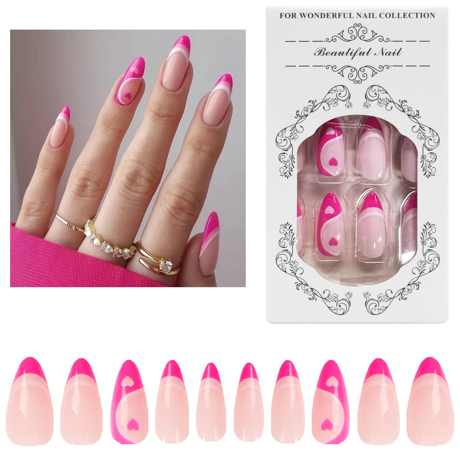 YFulfillMiddle Almond Shaped Press On Nails, Two Styles in Nude with Embellished by Bright Red Pattern