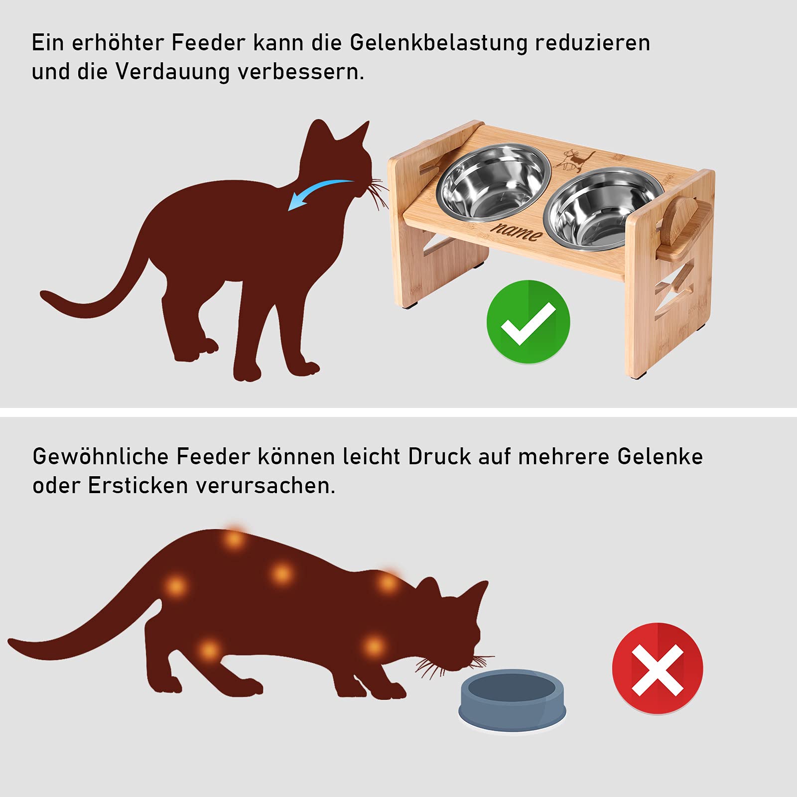 Hundenapf HöHenverstellbar Mit Namen, OXYEFEI Katzennapf ErhöHt Bambus Ergonomischer Futternapf Katze Personalisiert mit Ständer Edelstahlnapf für Haustier