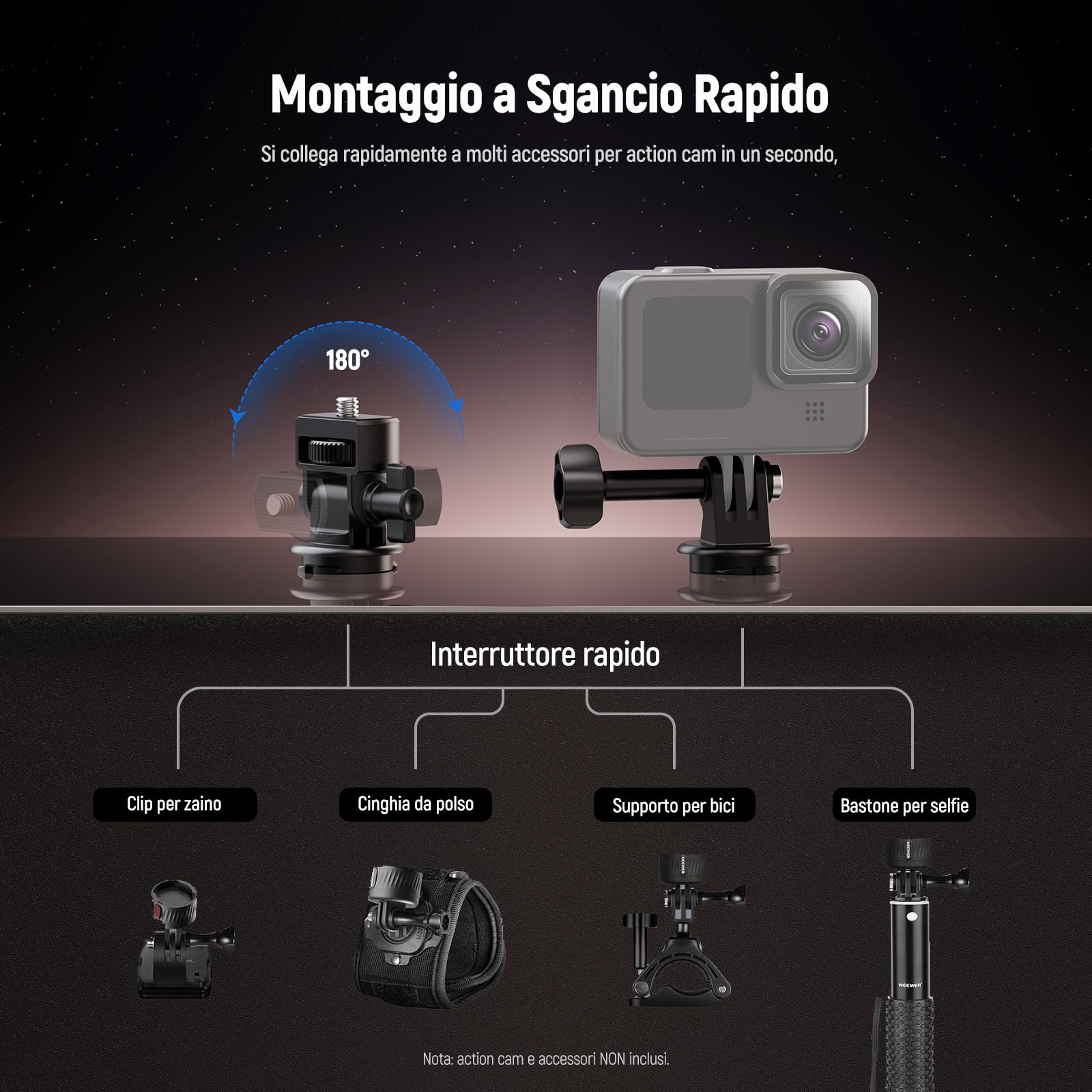 NEEWER GP-24 Kit Accessori di Supporto Action Camera per Riprese POV, Attacco Magnetico a Sgancio Rapido 4in1 in ABS con Filettatura 1/4" e Panno Pulizia Compatibile con GoPro DJI Osmo Action Insta360