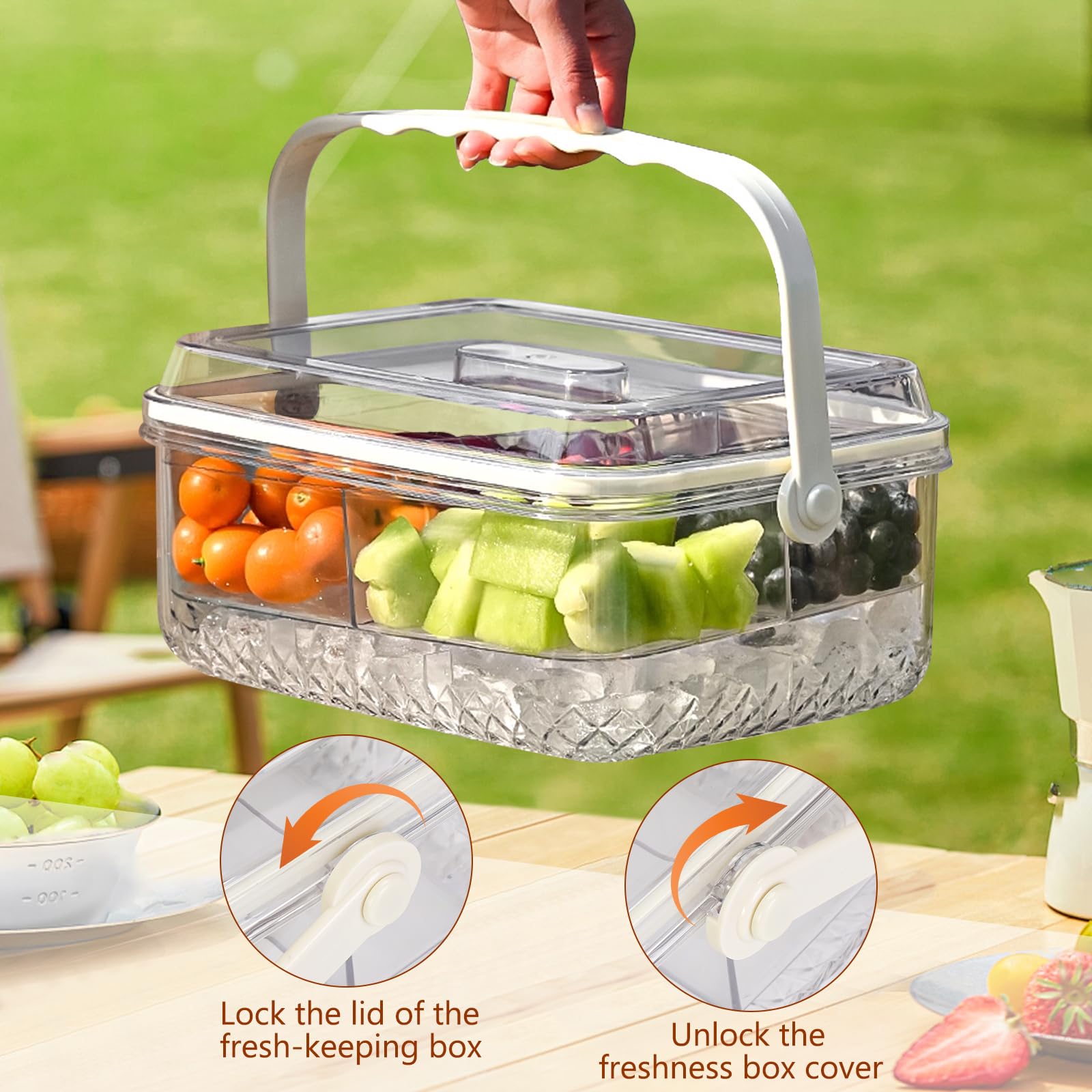 Bandejas grandes para servir frías con tapa y asa, platos portátiles de 5 compartimentos para aperitivos, fiestas, bufés, barbacoas, catering, eventos al aire libre, ensaladas y mariscos