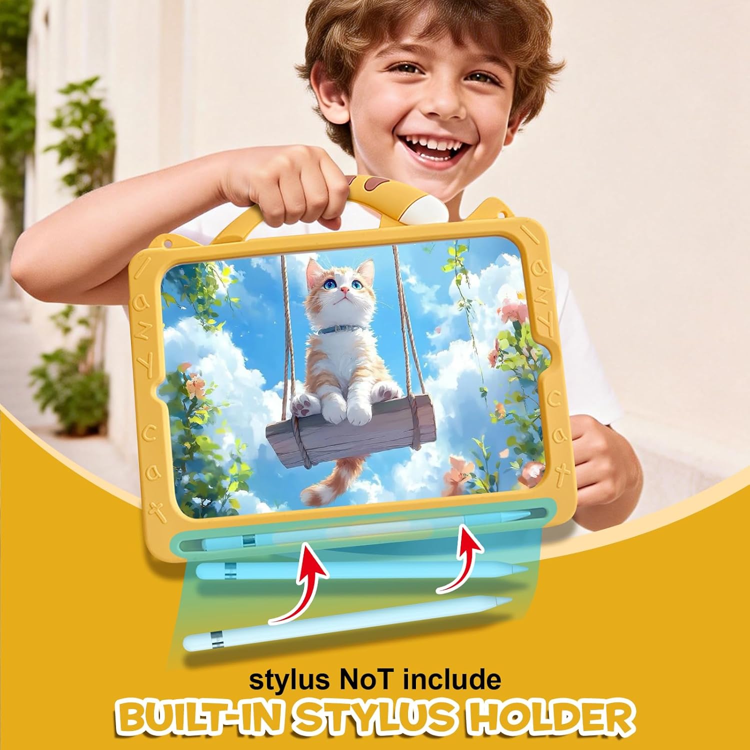 Case for iPad 9th Generation (2021) / 8th Generation (2020) / 7th Gen (2019) 10.2 Inch, Full-Body Shockproof Kids Case for Pencil Holder & Adjustable Shoulder Strap, Orange Cat