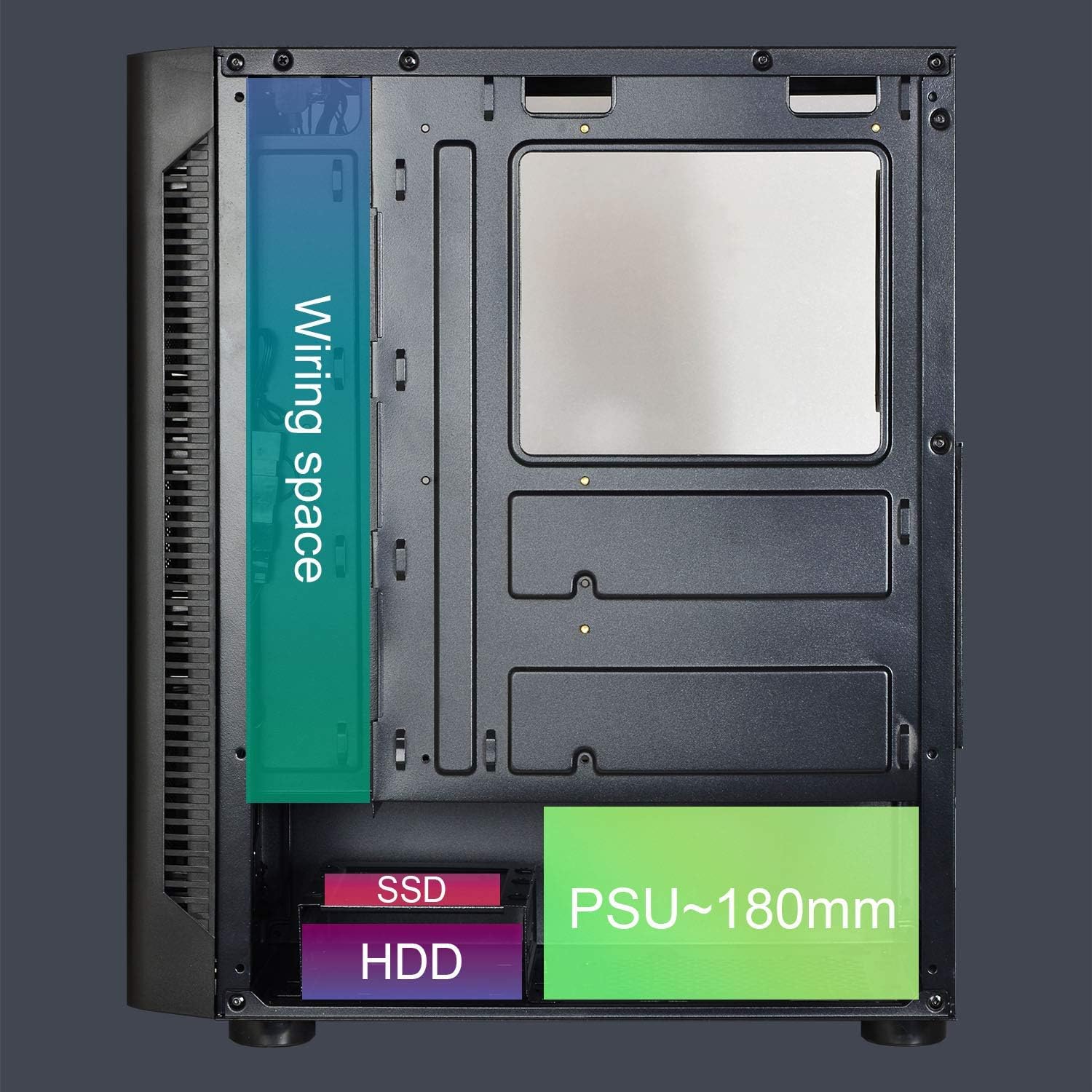 Rear internal view of Montech X1 case showing wiring space and PSU area