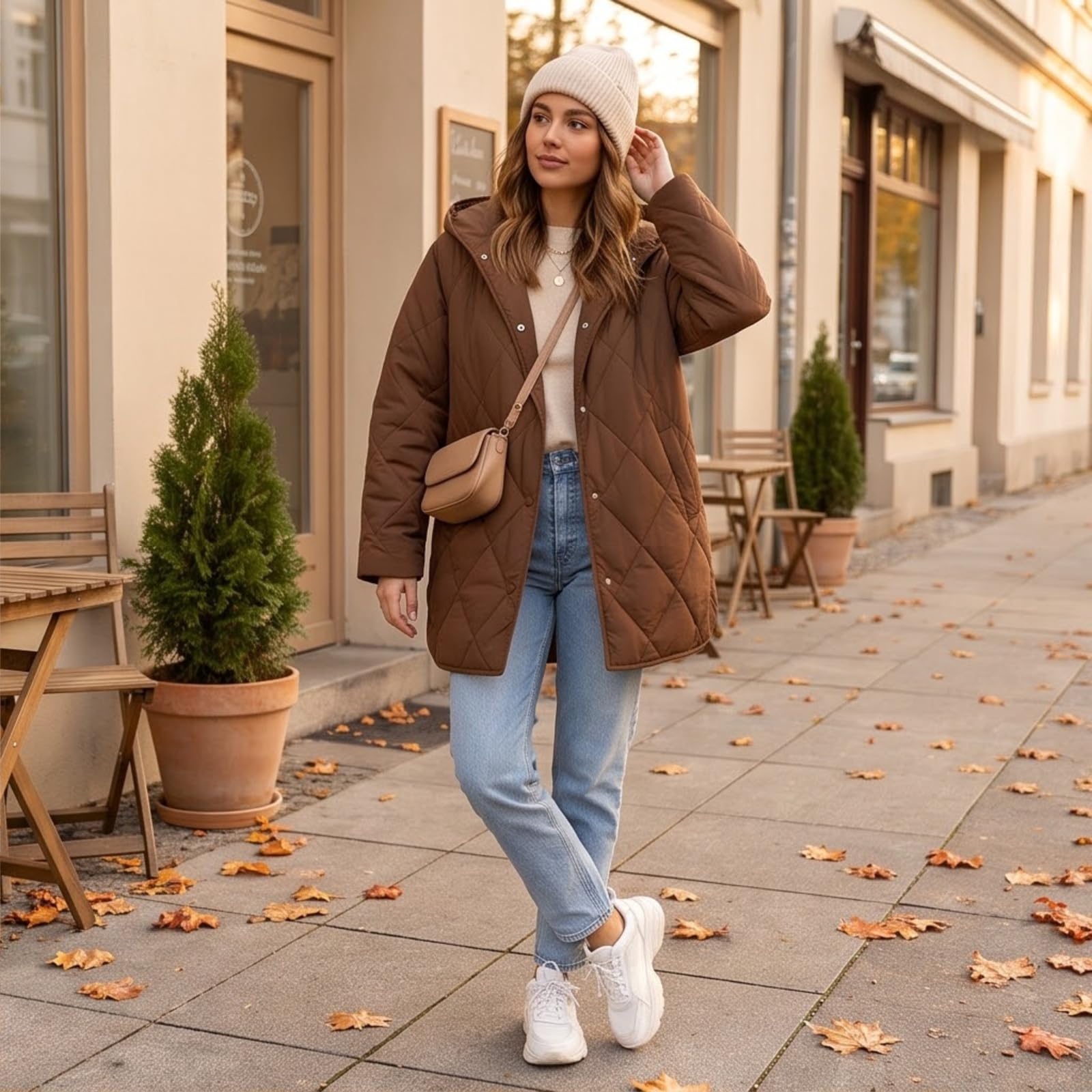 Generisch Damen Steppjacke mit Kapuze Lang Winterjacke Warm Übergangsjacke
