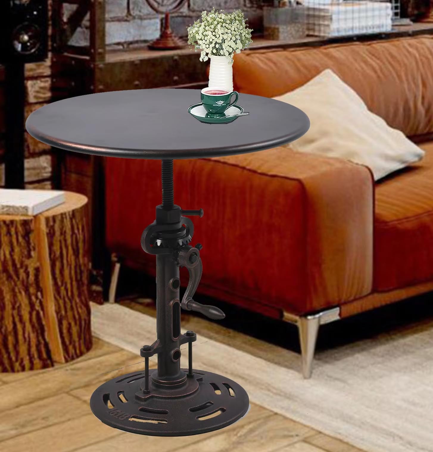 Round 19.6'' Coffee Industrial Style Hand Crank Metal Tea Table | Adjustable Height Side Table for Living Room, Bedroom and Balcony (Copper)