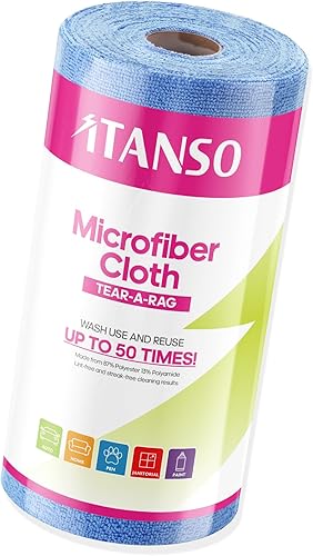 itanso Tear-A-Rag Roll - Paquete de 50 paños de limpieza de microfibra de 12 x 12 pulgadas, toallas reutilizables para el hogar, auto y tienda (azul)